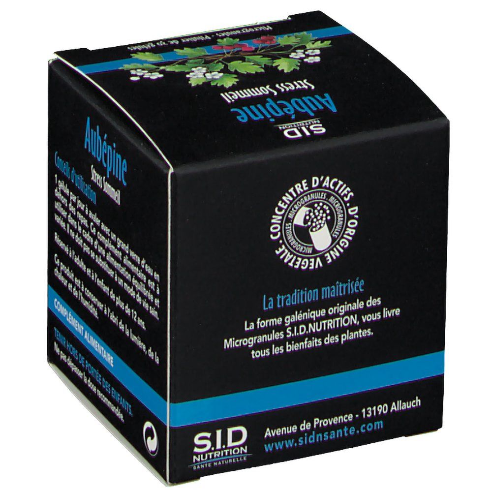 Vue latérale de la boîte SID Nutrition Aubépine Stress Sommeil avec logo et adresse.