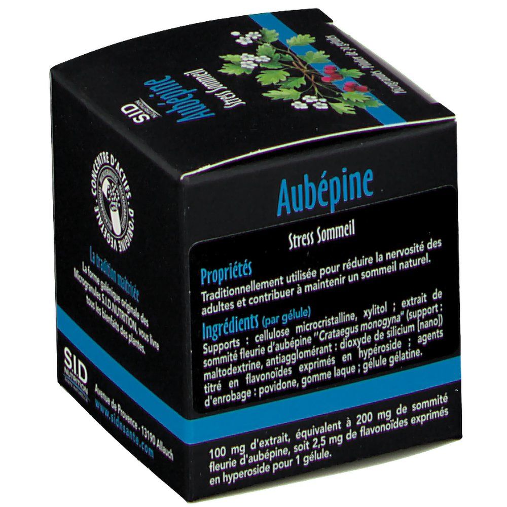 Vue latérale de la boîte SID Nutrition Aubépine Stress Sommeil avec ingrédients.