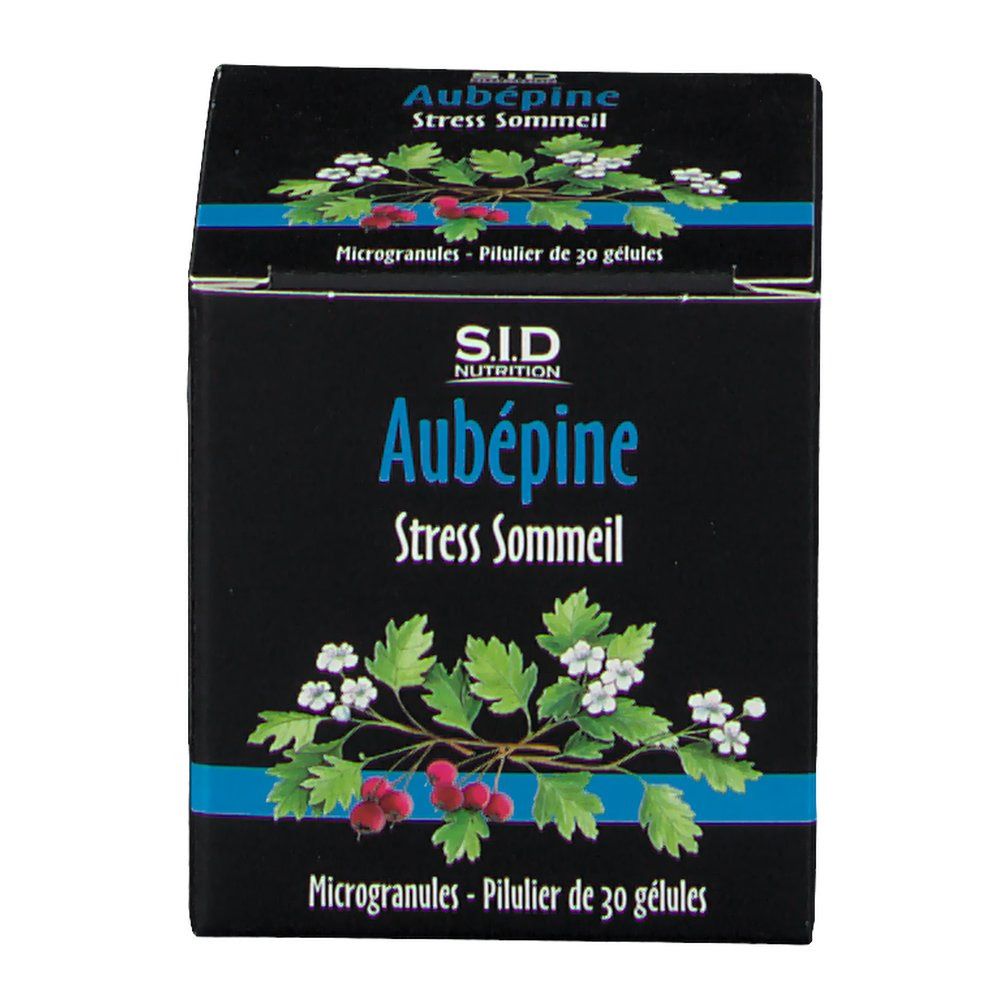 Face avant de la boîte SID Nutrition Aubépine Stress Sommeil avec motif aubépine.