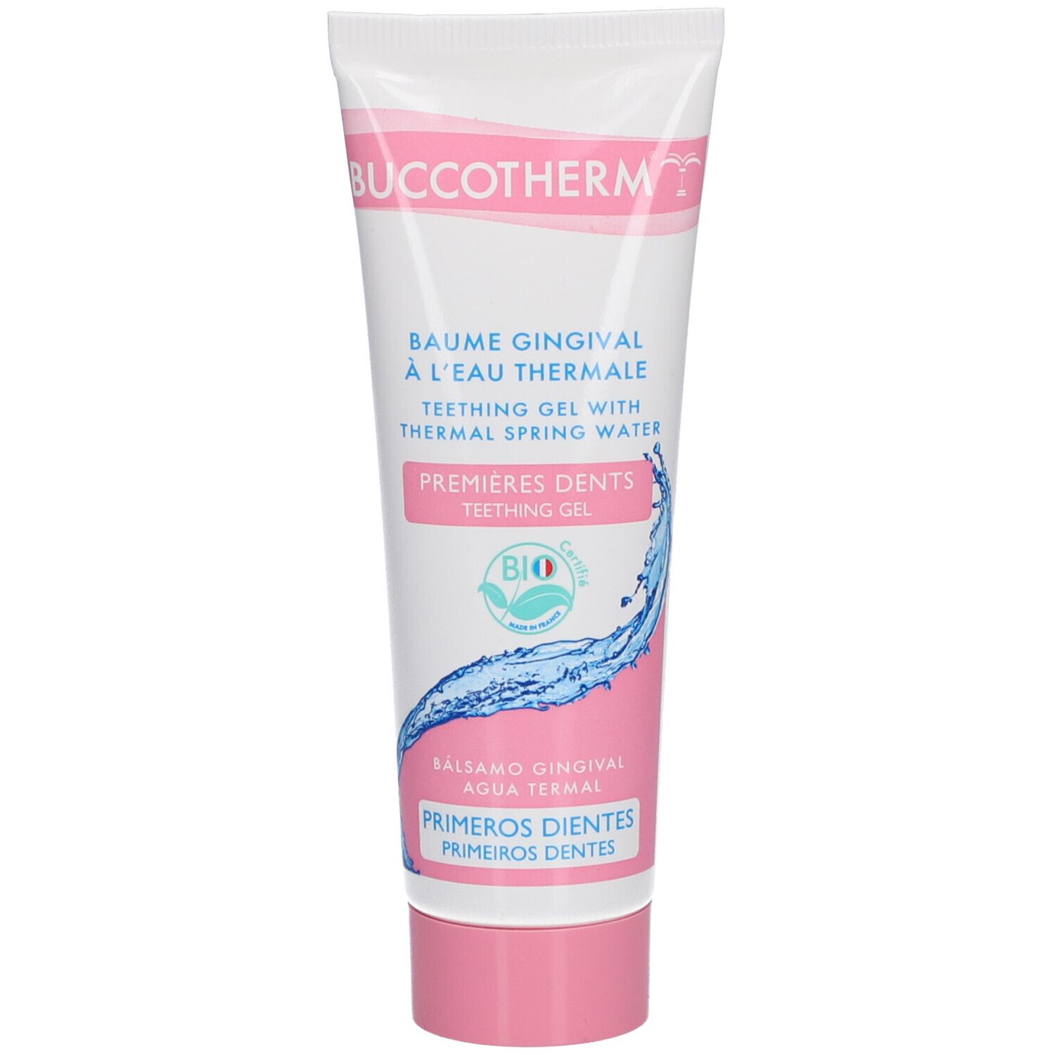 Tube de gel de dentition. Tube blanc et rose avec nom et logo du produit. Bouchon rose. Certification bio.