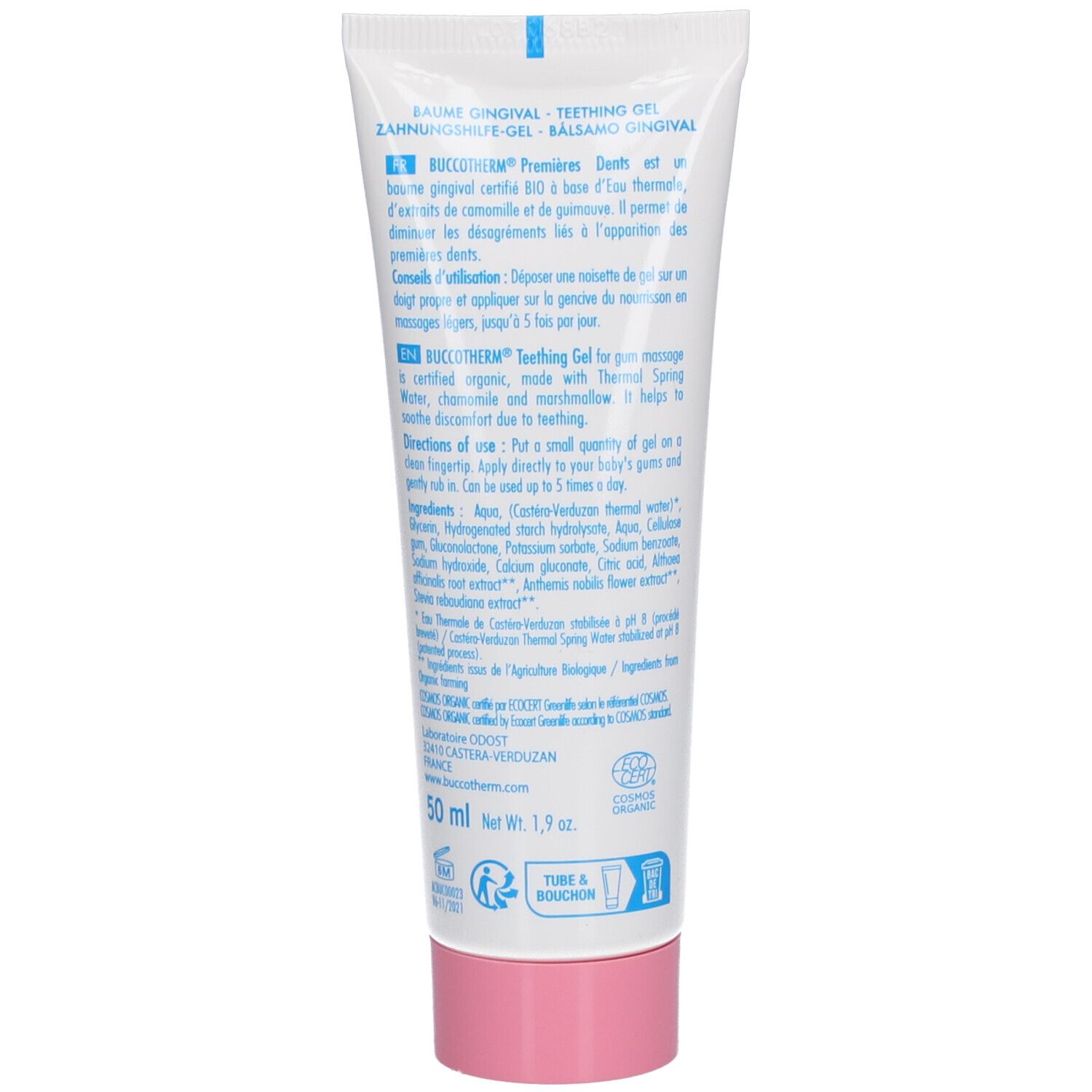 Dos du tube de gel de dentition. Texte multilingue. Bouchon rose. Certification bio et indication du volume.