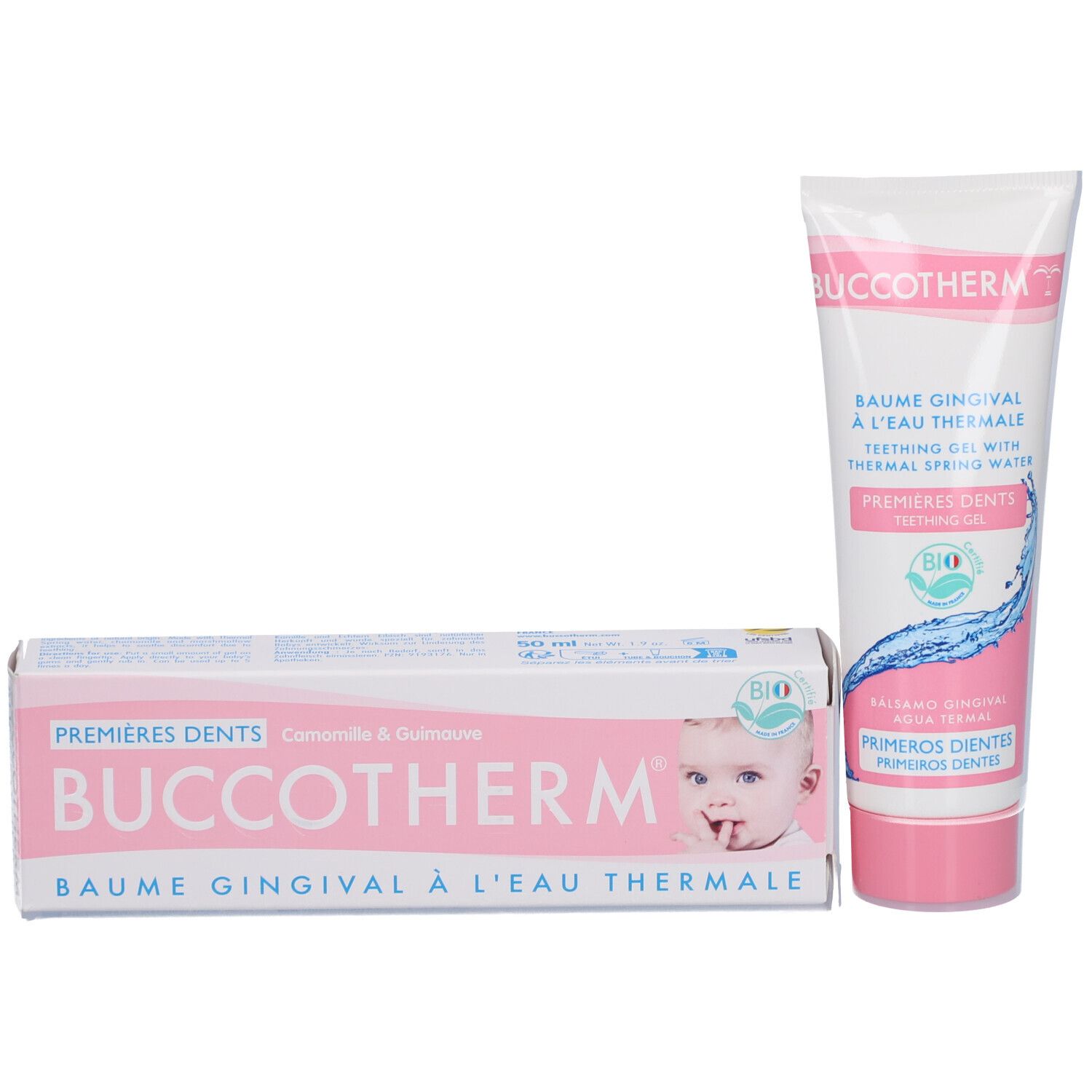Tube et boîte de gel de dentition. Tube et boîte avec nom et logo du produit. Image de bébé sur la boîte.