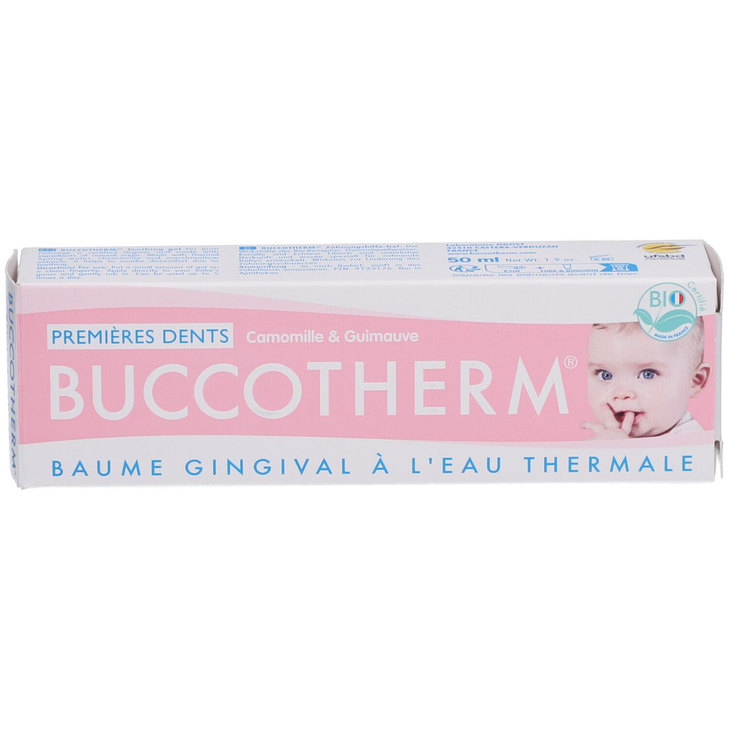 Boîte de gel de dentition. Boîte rose avec nom, logo et image de bébé. Certification bio.