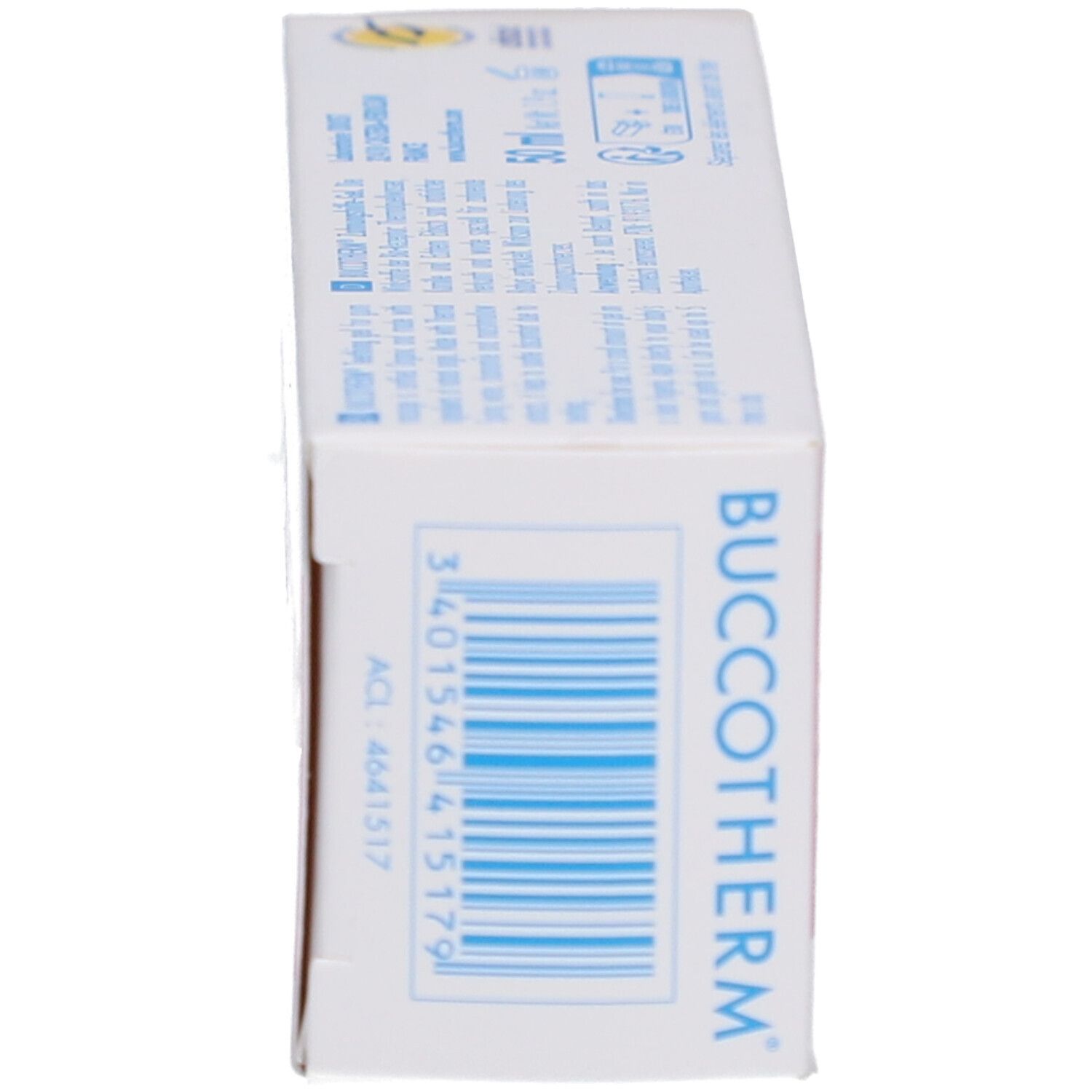 Vue latérale de la boîte de gel de dentition. Code-barres et informations sur le produit. Fond blanc.