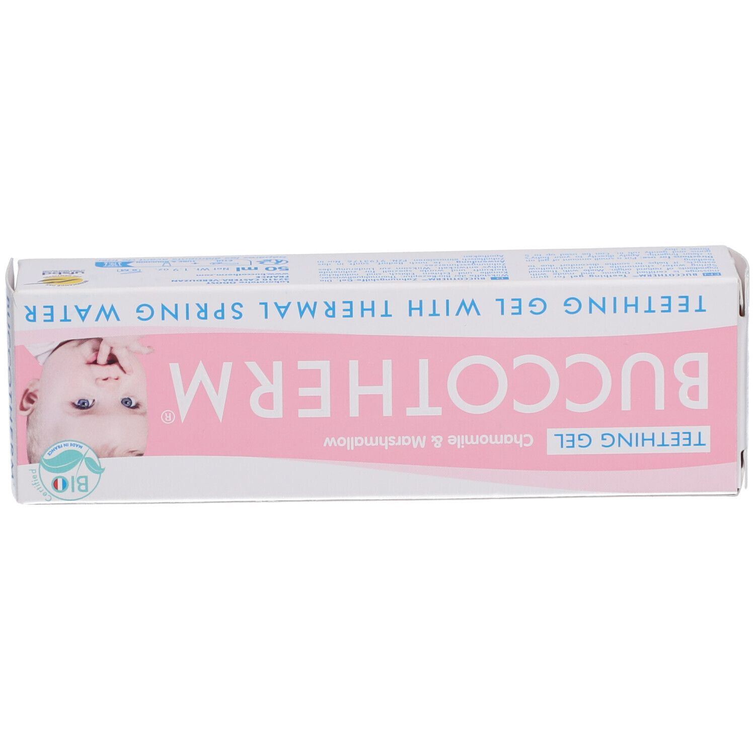 Boîte de gel de dentition. Boîte rose avec nom, logo et image de bébé. Certification bio.