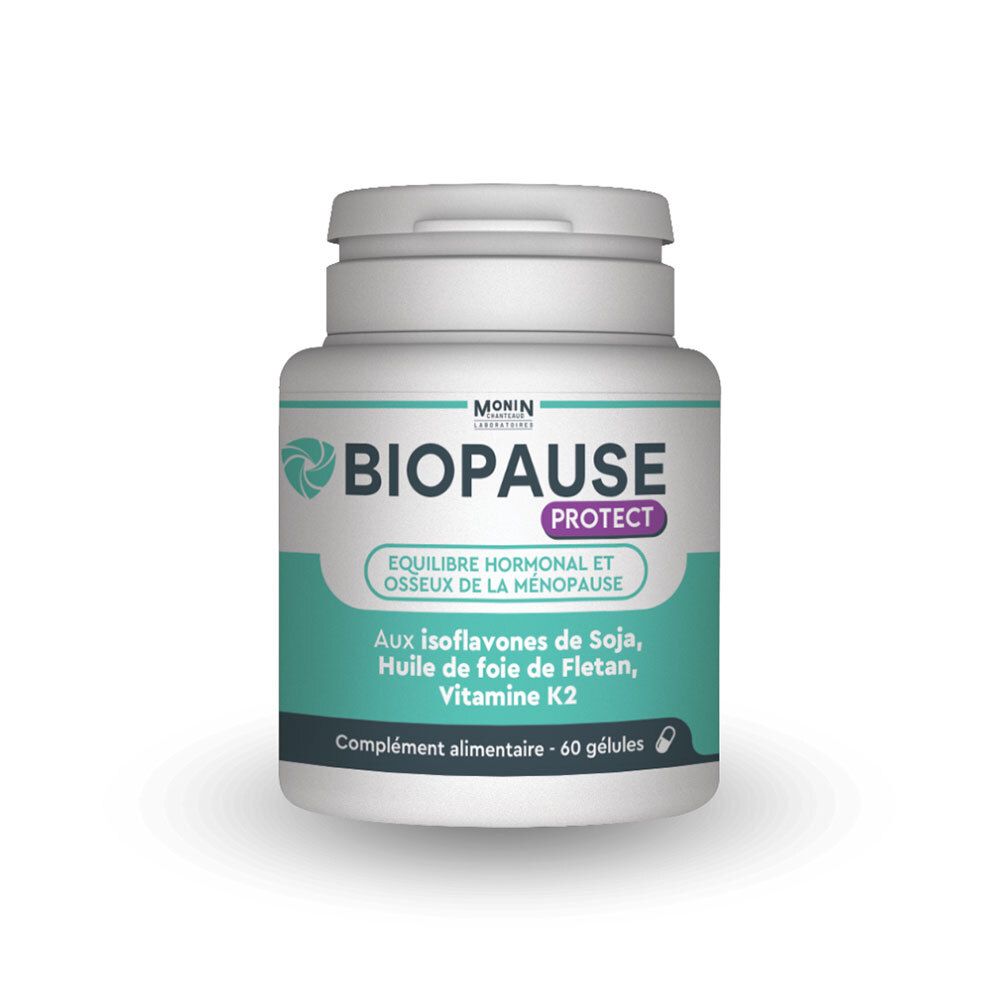 Flacon blanc de gélules. Inscription: BIOPAUSE PROTECT. Contient isoflavones, huile de poisson, vitamine K2. 60 gélules.