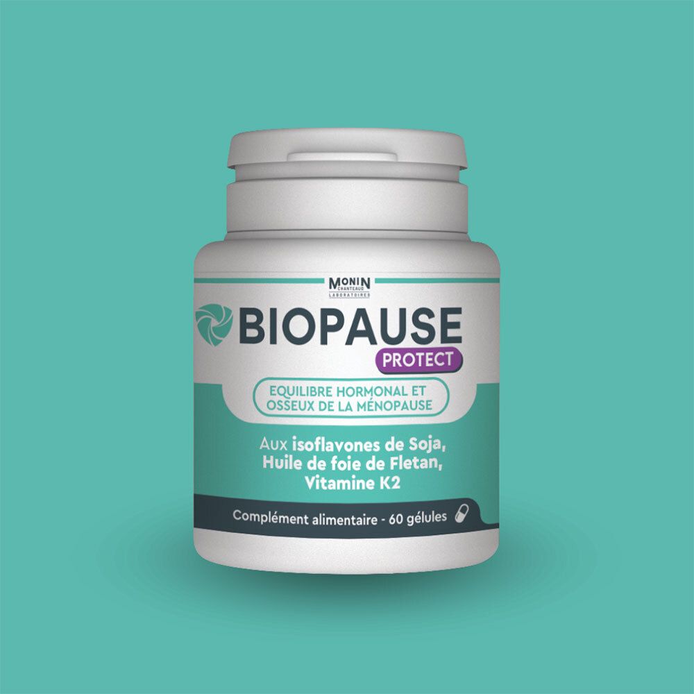 Flacon blanc de gélules. Inscription: BIOPAUSE PROTECT. Contient isoflavones, huile de poisson, vitamine K2. 60 gélules.