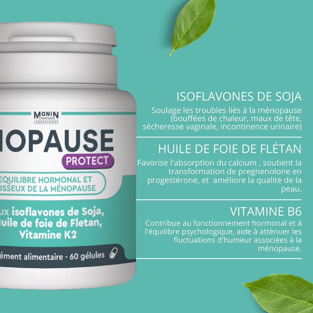 Texte avec ingrédients et effets de BIOPAUSE PROTECT: isoflavones, huile de poisson, vitamine B6. Feuilles en arrière-plan.