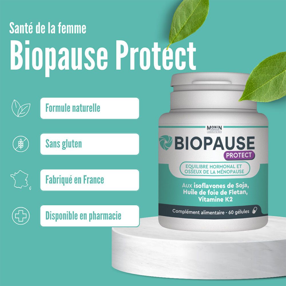 Produit BIOPAUSE PROTECT sur socle. Formule, sans gluten, fabriqué en France, disponible en pharmacie.
