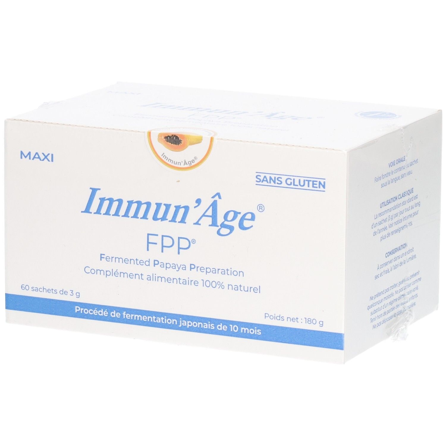 Boîte blanche avec texte bleu. Inscription: Immun'Âge FPP, 60 sachets. Sans gluten. Contient préparation de papaye.