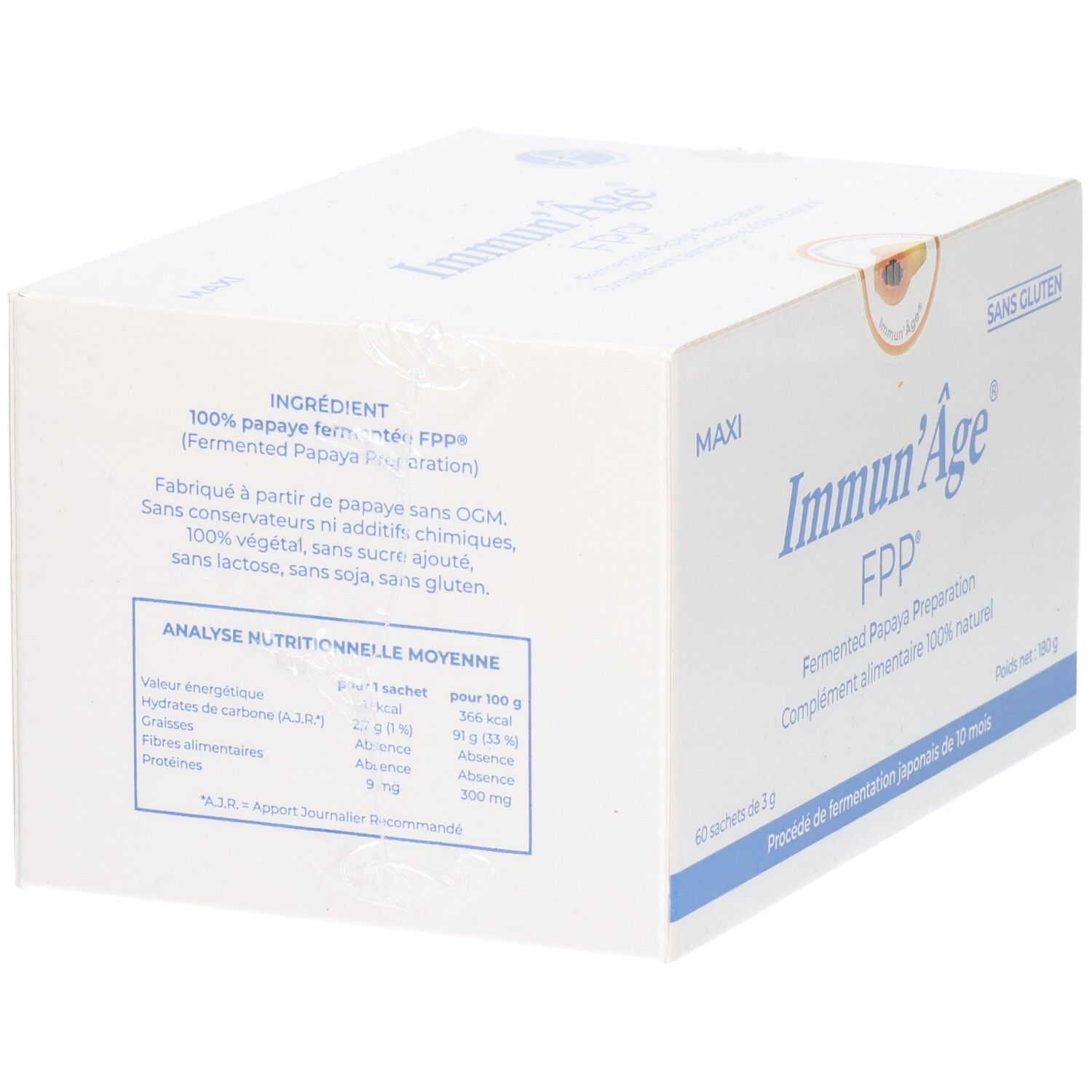 Boîte blanche avec texte bleu. Contient ingrédients et analyse nutritionnelle. Inscription: Immun'Âge FPP. Sans gluten.