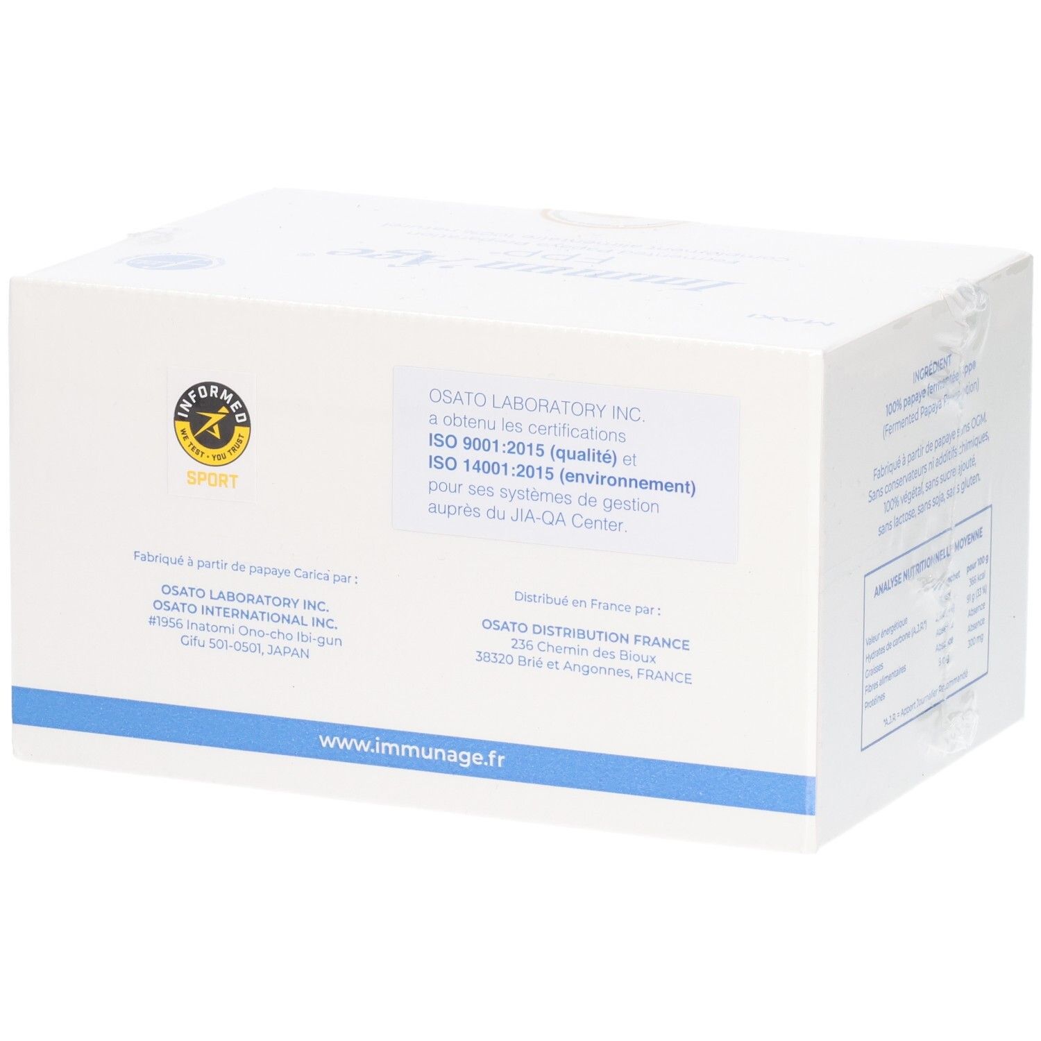 Dos d'une boîte blanche. Contient des informations sur OSATO LABORATORY INC. et les certifications.