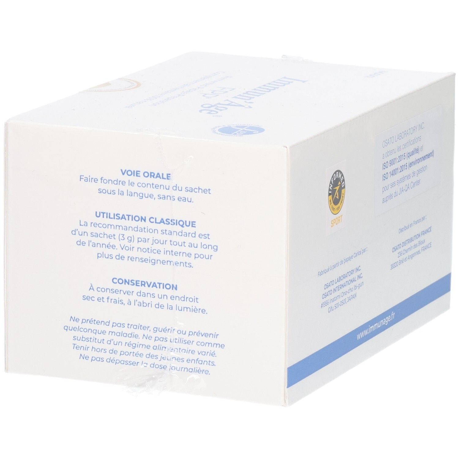 Côté d'une boîte blanche. Contient des informations sur l'utilisation et la conservation. Inscription: Immun'Âge.