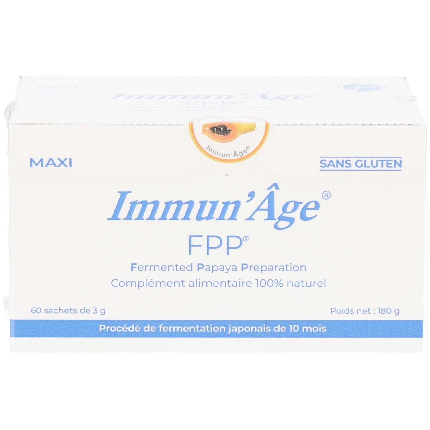 Boîte blanche avec texte bleu. Inscription: Immun'Âge FPP, 60 sachets. Sans gluten. Contient préparation de papaye.