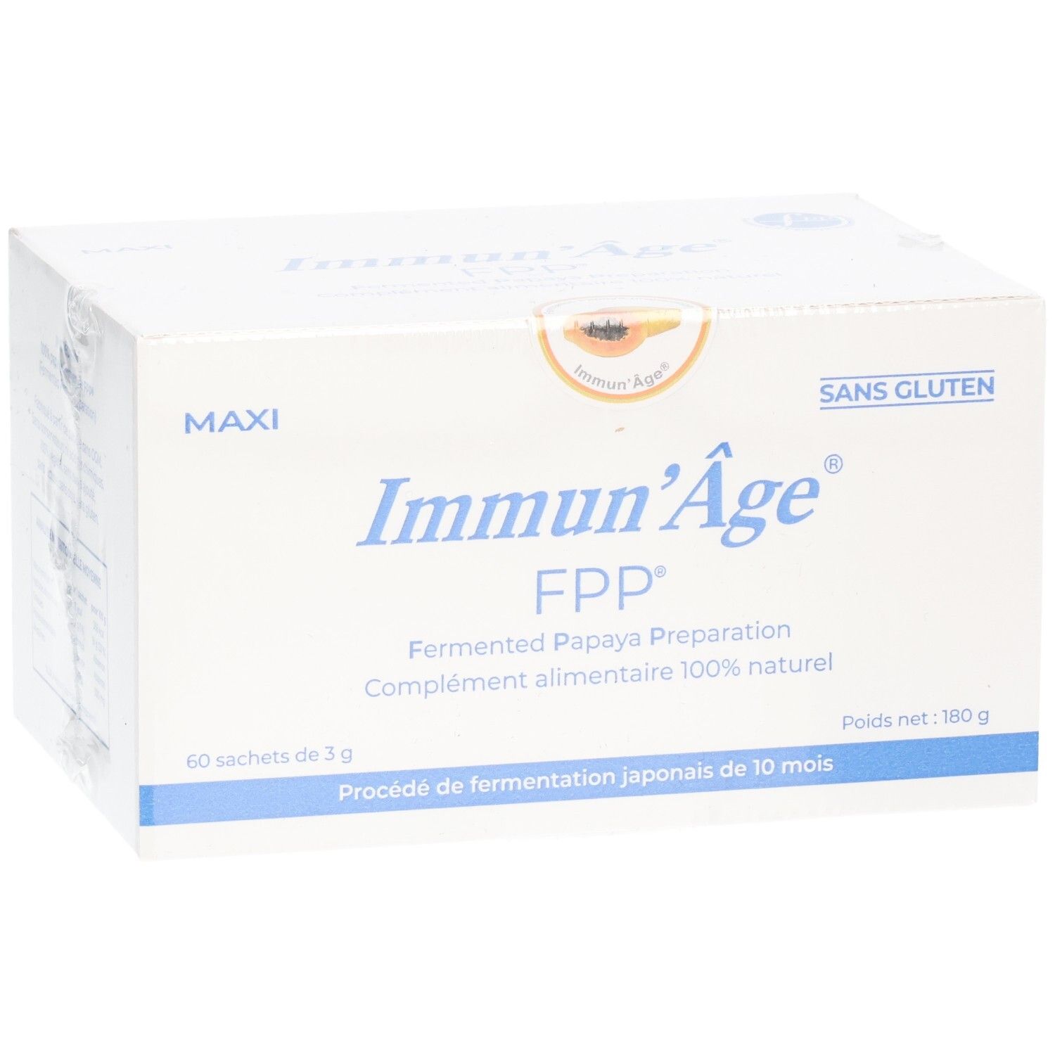 Boîte blanche avec texte bleu. Inscription: Immun'Âge FPP, 60 sachets. Sans gluten. Contient préparation de papaye.