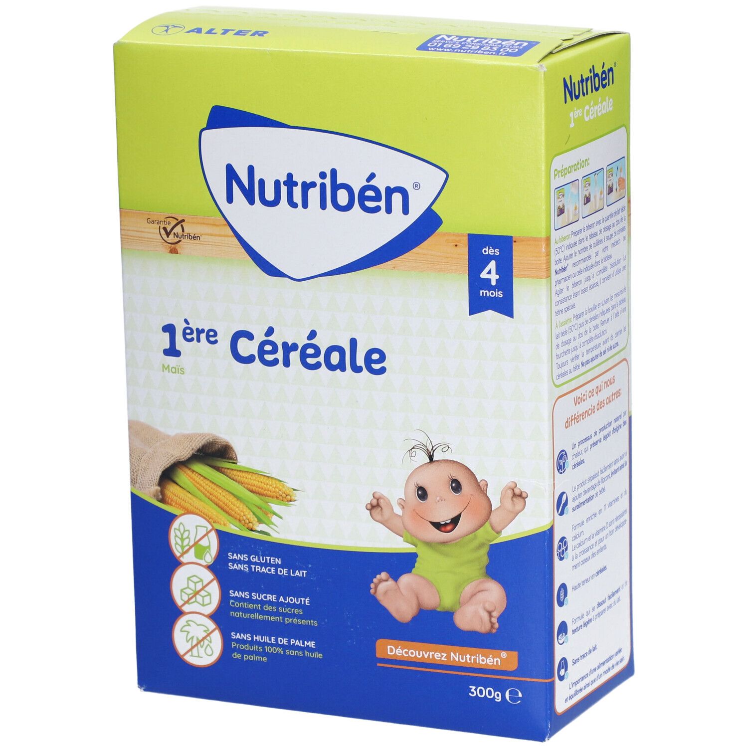 Boîte de Nutribén 1ère Céréale. Contient du maïs, sans gluten, sans lait, sans sucre, sans huile de palme. Dès 4 mois.