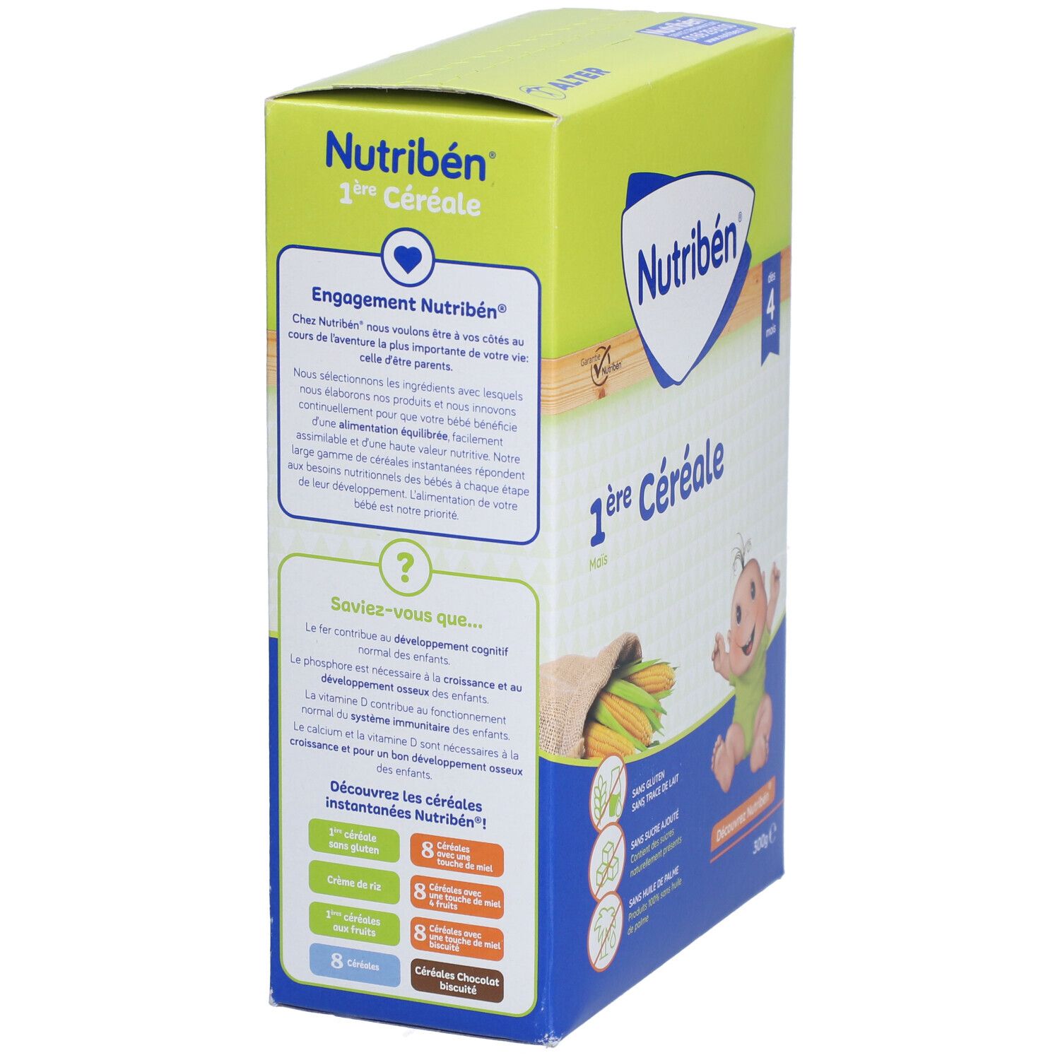 Vue latérale de la boîte Nutribén 1ère Céréale. Texte sur l'engagement, les ingrédients et les valeurs nutritionnelles. Dès 4 mois.