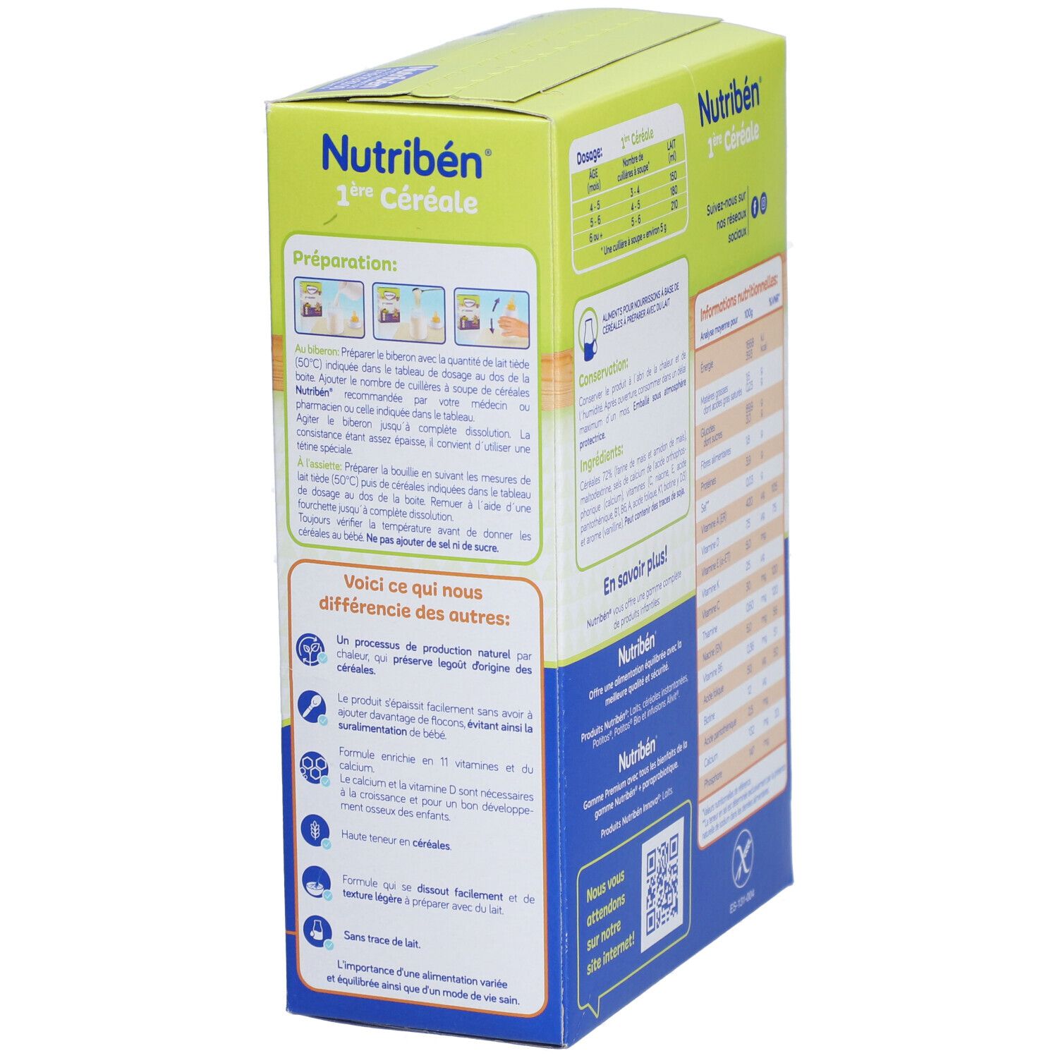 Détail de la boîte Nutribén 1ère Céréale. Informations sur la préparation et autres détails. Dès 4 mois.