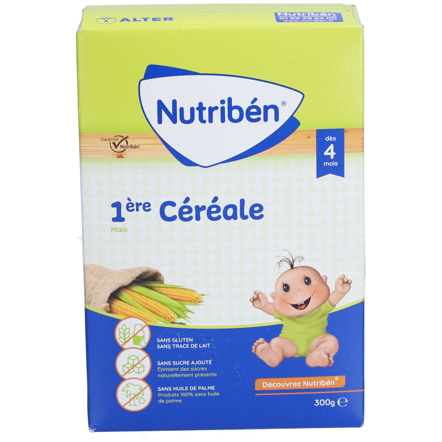 Face avant de la boîte Nutribén 1ère Céréale. Contient du maïs, sans gluten, sans lait, sans sucre, sans huile de palme. Dès 4 mois.