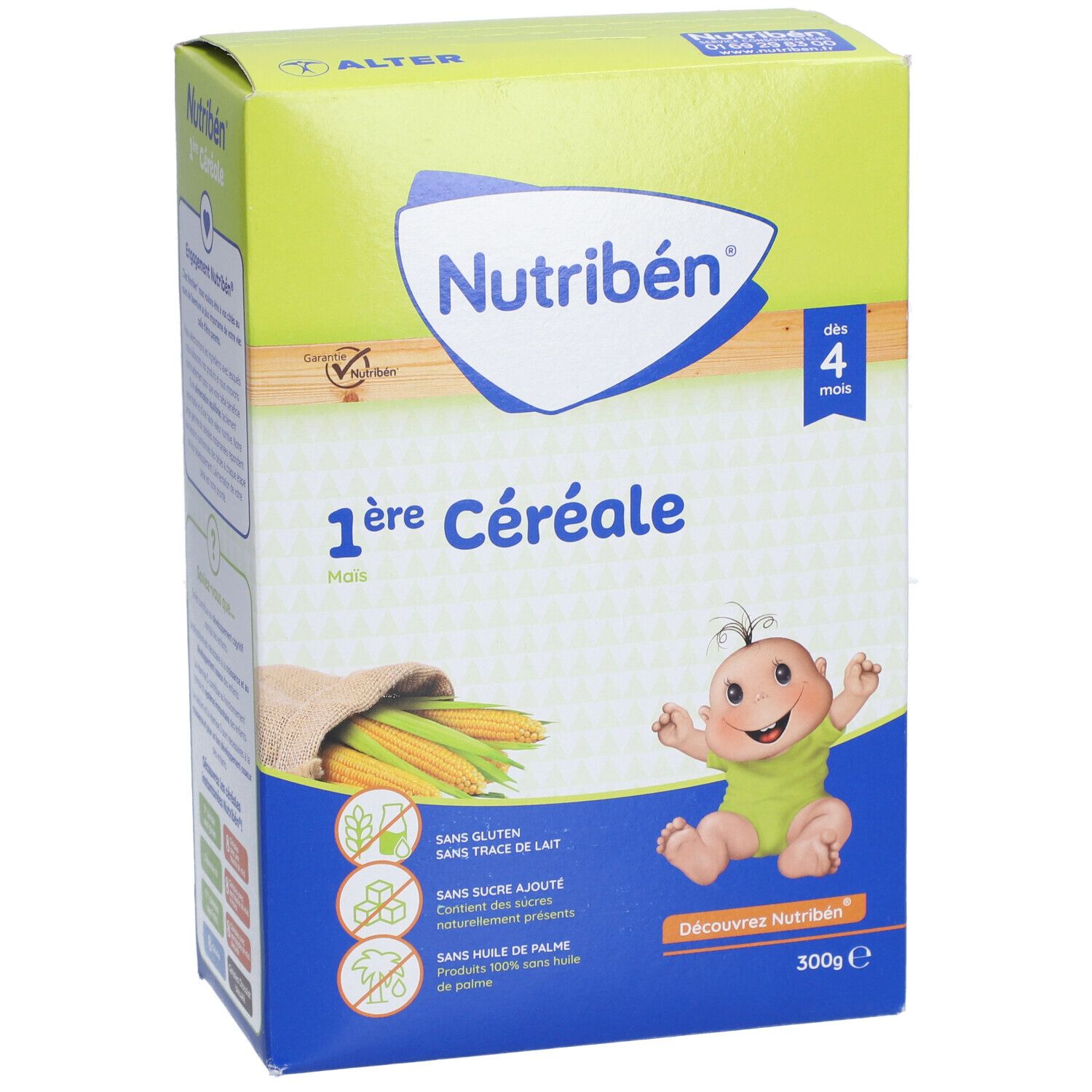 Face avant de la boîte Nutribén 1ère Céréale. Contient du maïs, sans gluten, sans lait, sans sucre, sans huile de palme. Dès 4 mois.