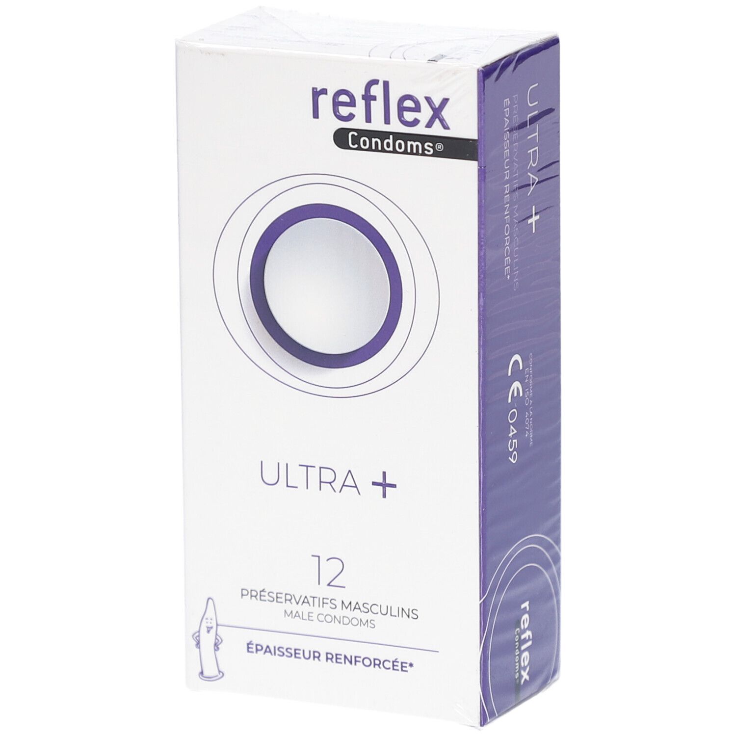 Boîte de préservatifs. Marque: reflex Condoms. Inscription: ULTRA + 12. Épaisseur renforcée. Avec marquage CE.