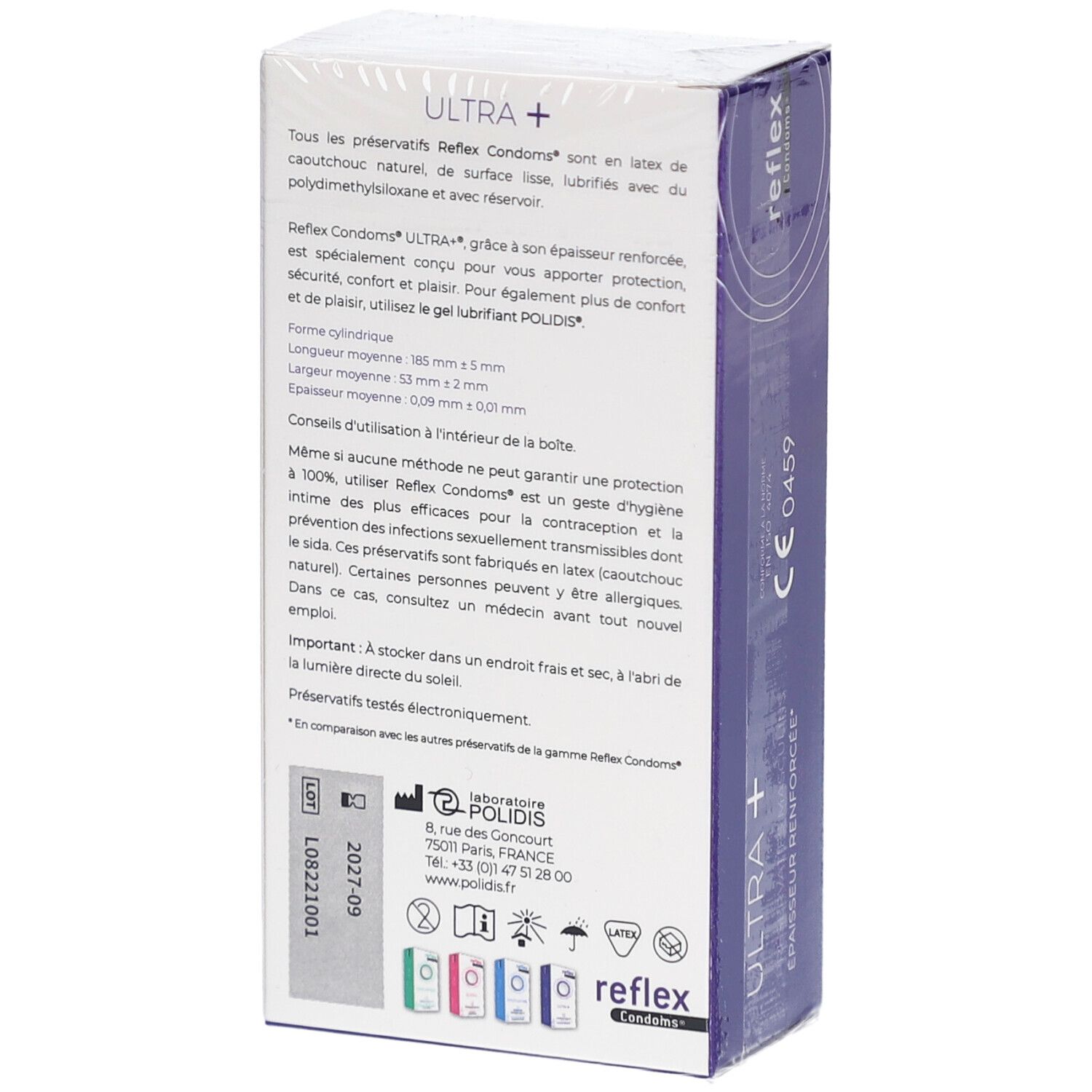 Dos de la boîte de préservatifs. Informations textuelles en français. Marque: reflex Condoms. Avec marquage CE.