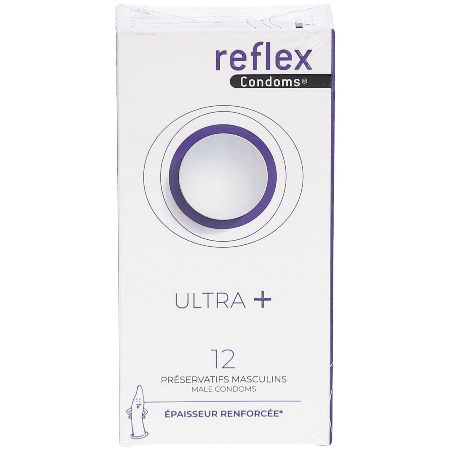 Emballage de préservatifs. Marque: reflex Condoms. Inscription: ULTRA + 12. Épaisseur renforcée. Avec marquage CE.