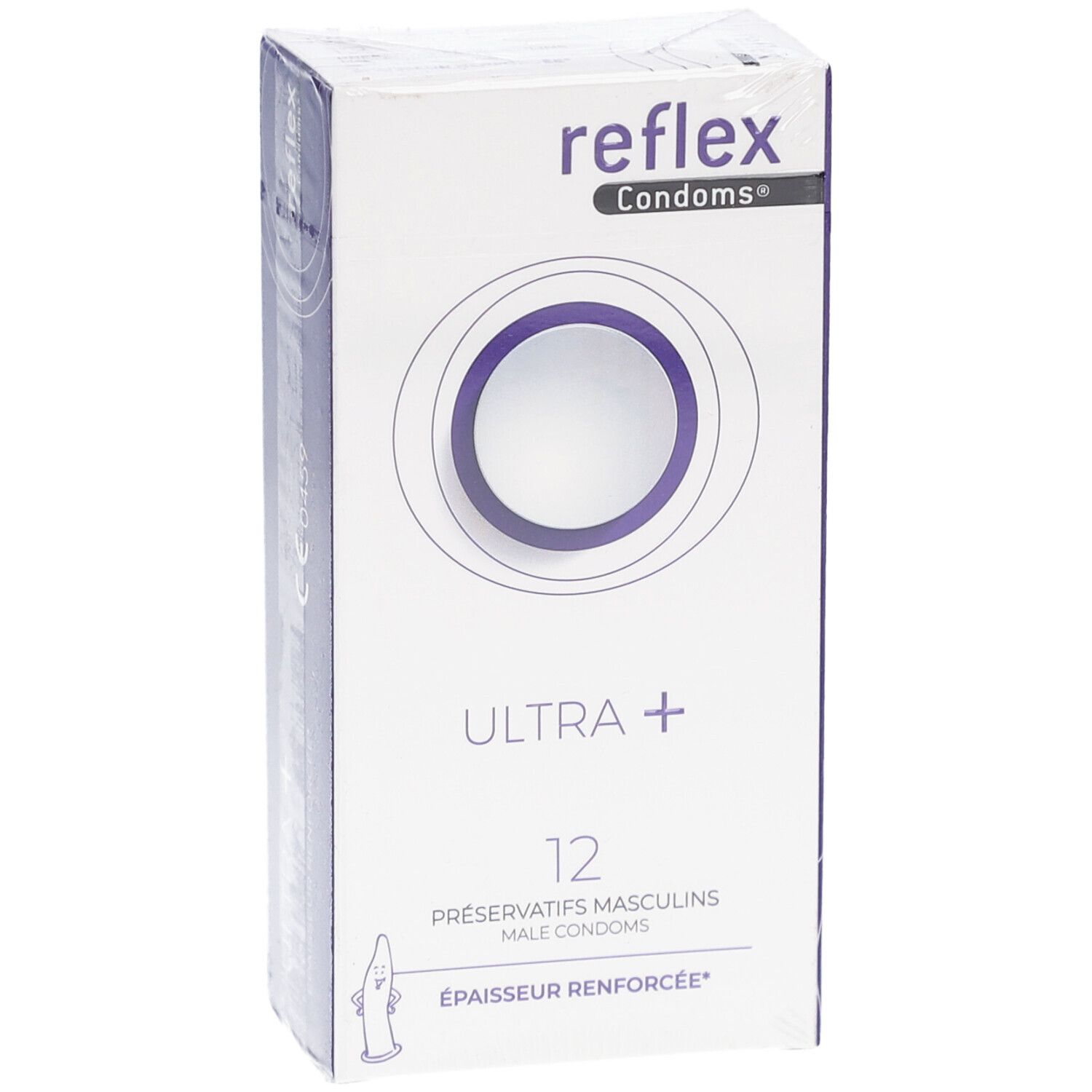 Emballage de préservatifs. Marque: reflex Condoms. Inscription: ULTRA + 12. Épaisseur renforcée. Avec marquage CE.