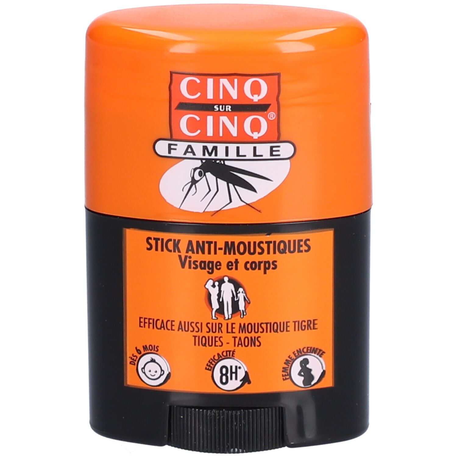 Stick anti-moustiques orange et noir. Inscription: CINQ SUR CINQ FAMILLE, STICK ANTI-MOUSTIQUES. Pictogrammes: bébé, femme enceinte, 8H.