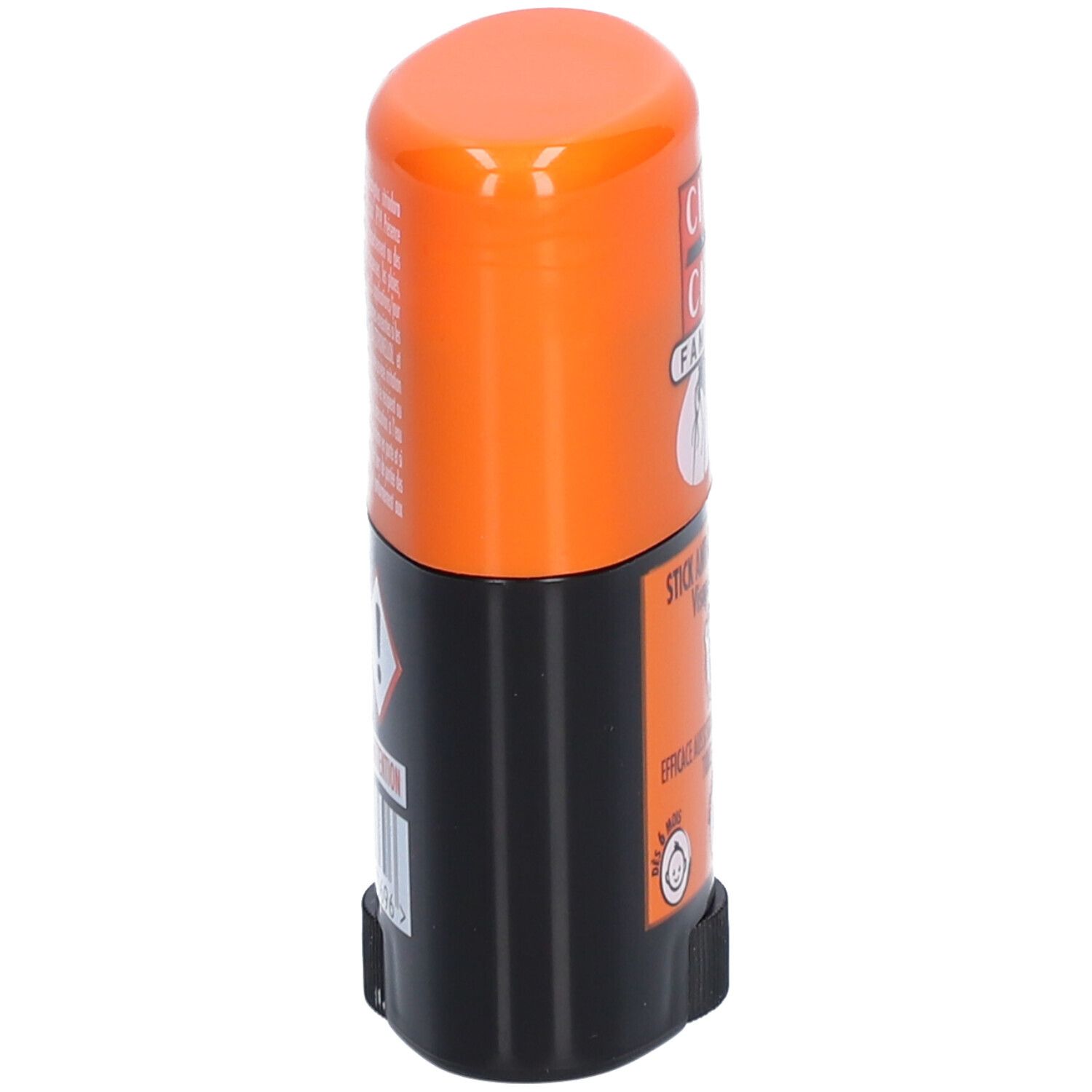 Stick anti-moustiques orange et noir. Inscription: CINQ SUR CINQ FAMILLE, STICK ANTI-MOUSTIQUES. Pictogrammes: bébé, femme enceinte, 8H.