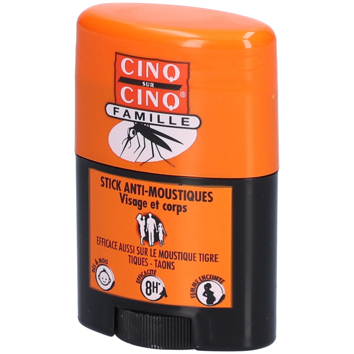 Stick anti-moustiques orange et noir. Inscription: CINQ SUR CINQ FAMILLE, STICK ANTI-MOUSTIQUES. Pictogrammes: bébé, femme enceinte, 8H.