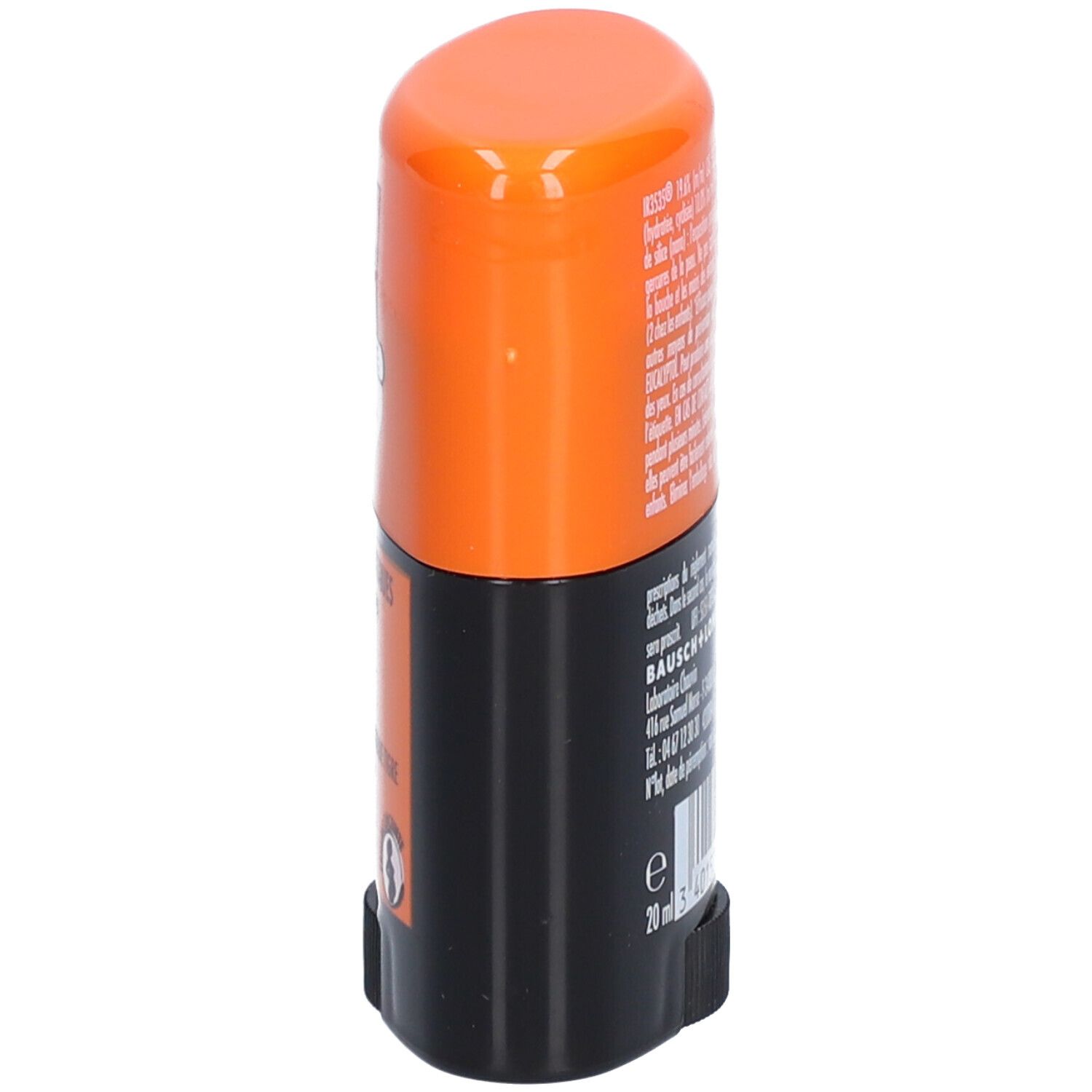 Stick anti-moustiques orange et noir. Inscription: CINQ SUR CINQ FAMILLE, STICK ANTI-MOUSTIQUES. Pictogrammes: bébé, femme enceinte, 8H.