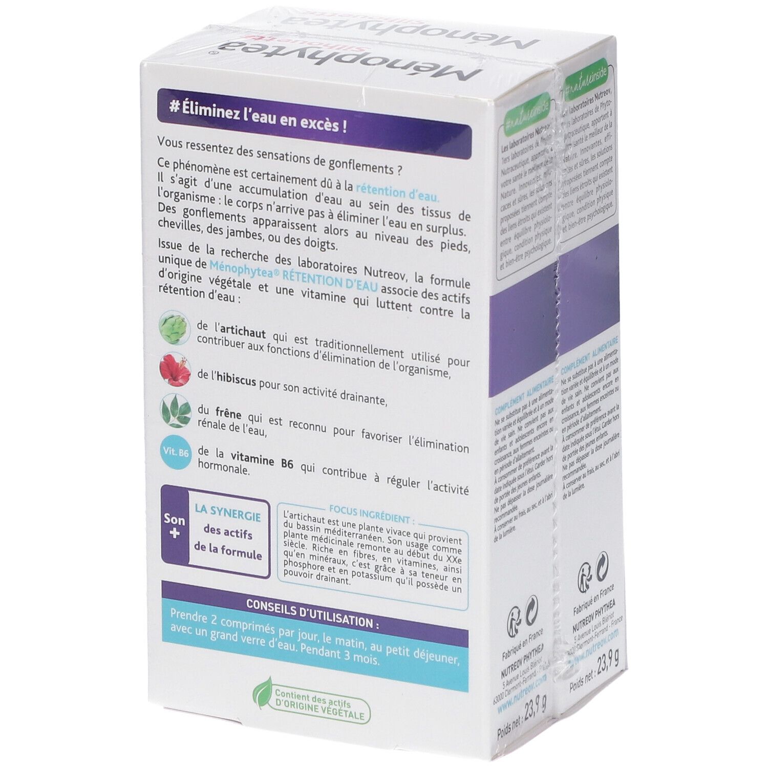 Dos de la boîte Ménophytea Silhouette Rétention d'Eau. Texte sur les ingrédients et l'utilisation. Contient des extraits végétaux.