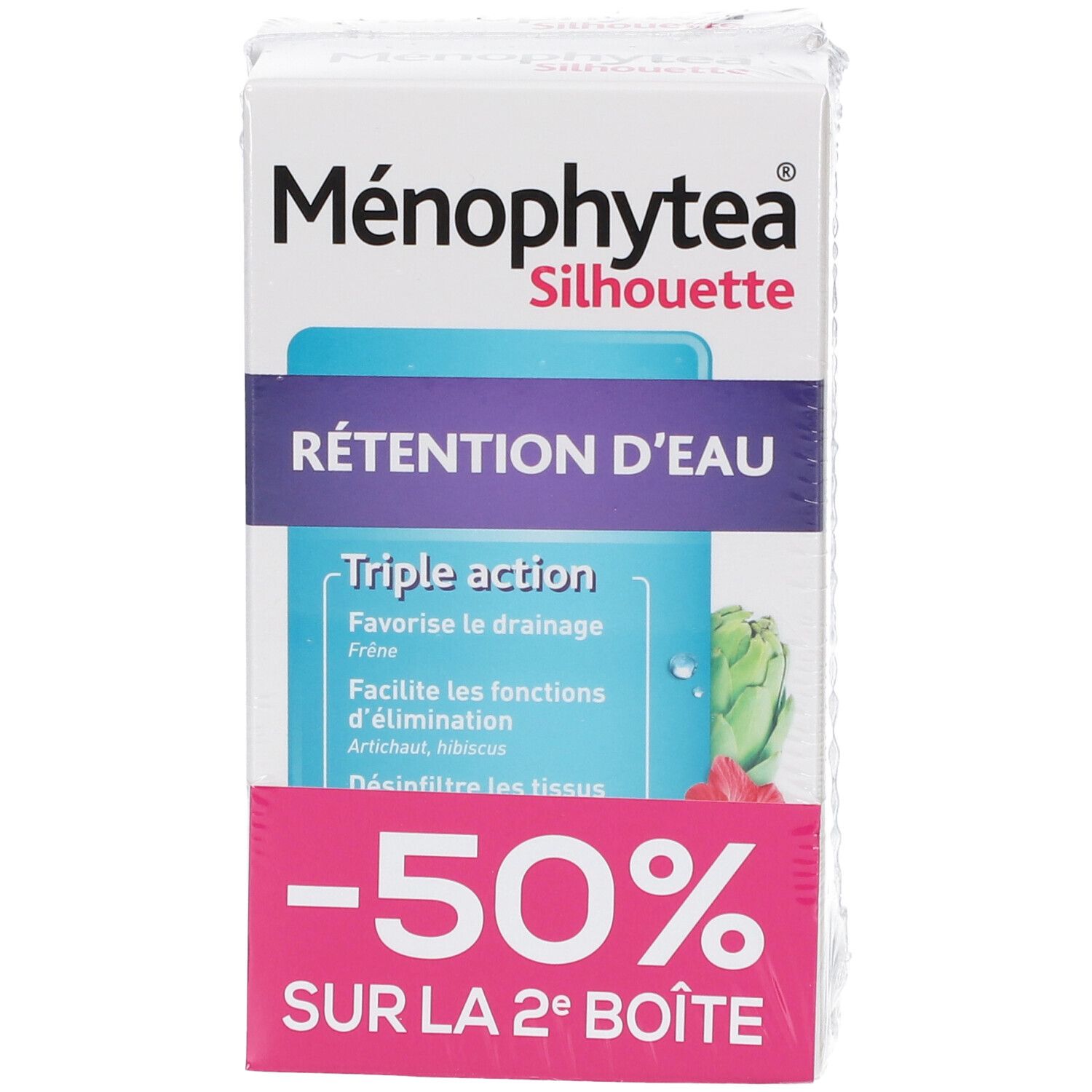 Boîte Ménophytea Silhouette Rétention d'Eau. Carton blanc avec nom et détails du produit. -50% sur la 2ème boîte.