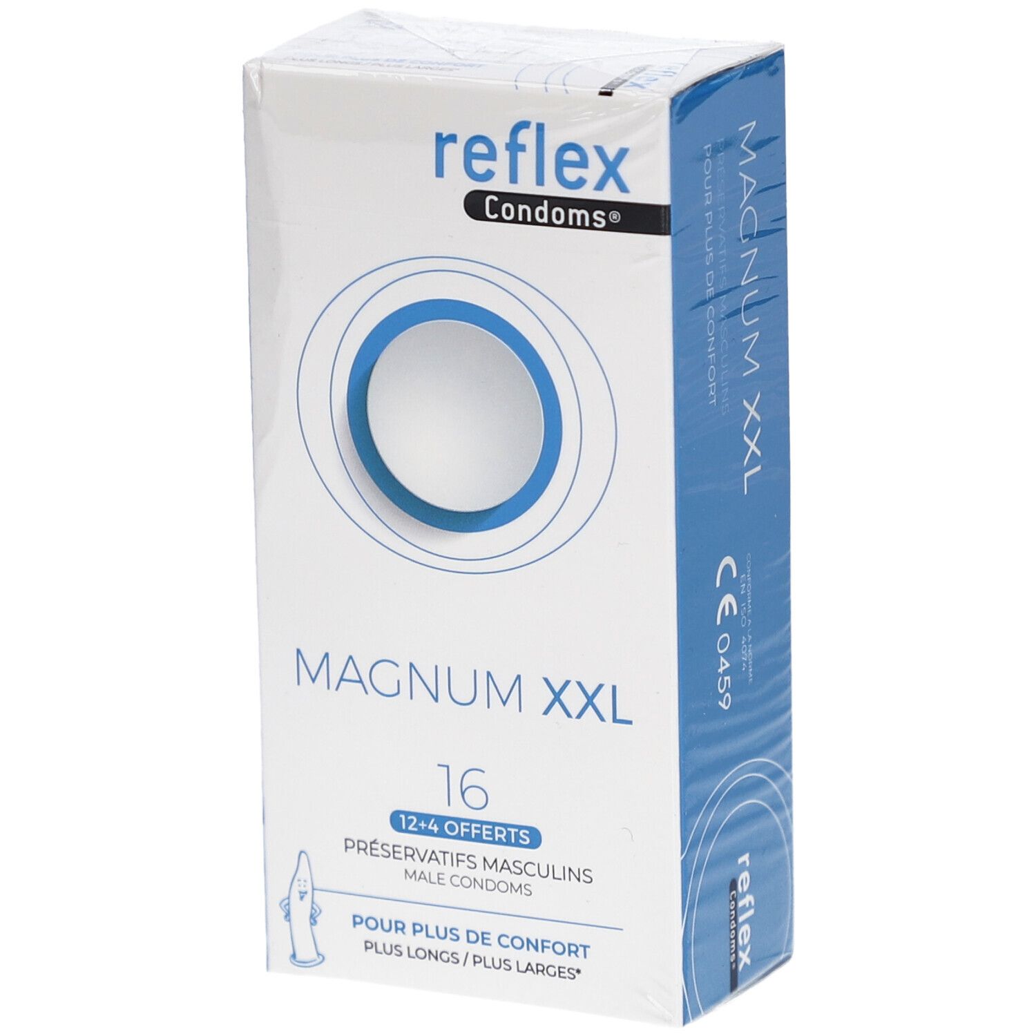 Boîte de préservatifs Reflex Magnum XXL. 16 unités. Emballage bleu et blanc avec nom et logo du produit.