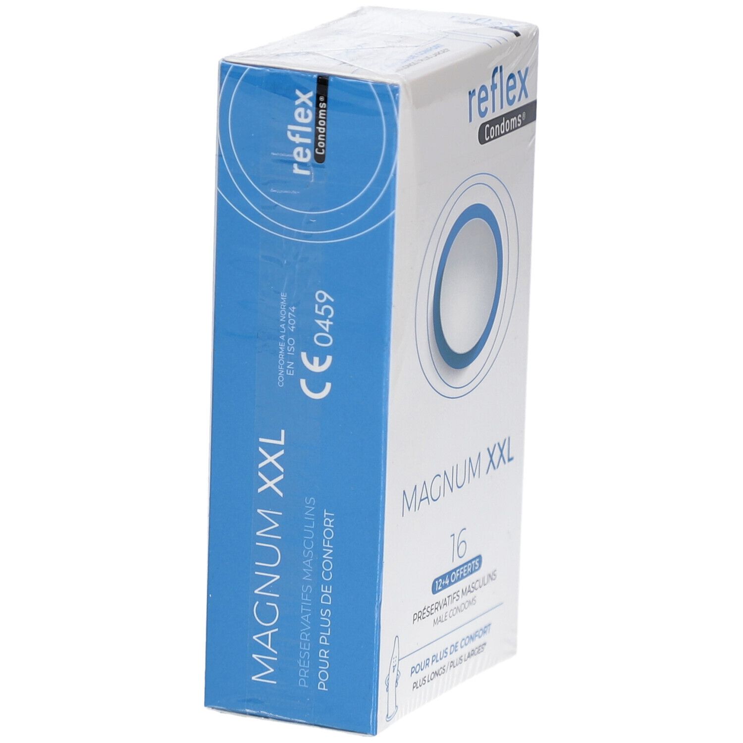 Vue en biais de la boîte de préservatifs Reflex Magnum XXL. Côté bleu avec nom et logo du produit.