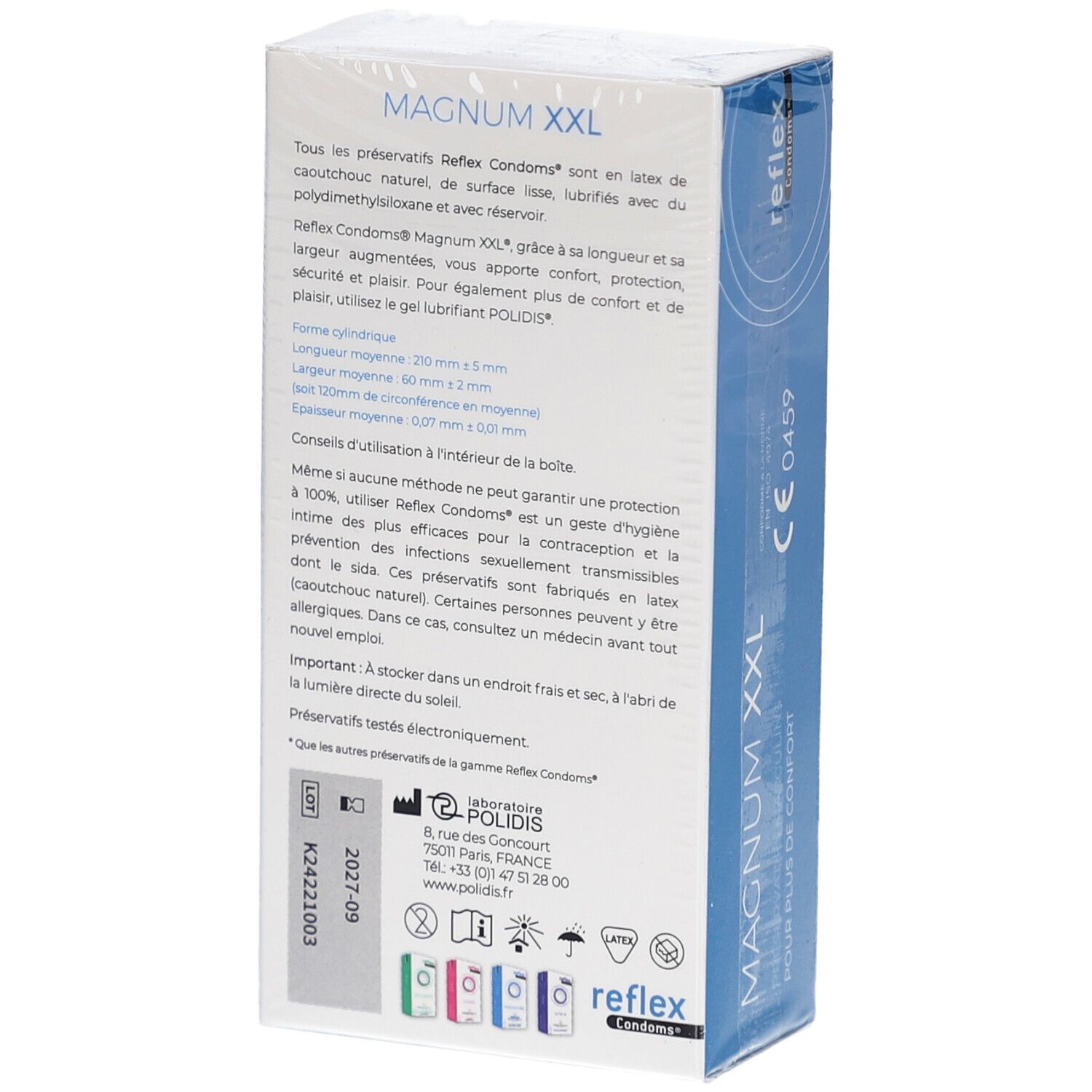 Dos de la boîte de préservatifs Reflex Magnum XXL. Informations textuelles en plusieurs langues.