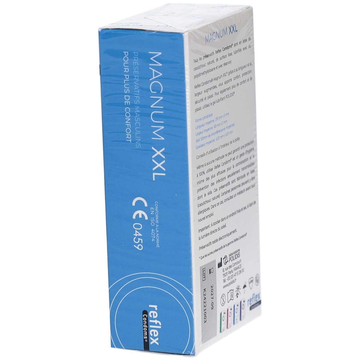 Vue en biais de la boîte de préservatifs Reflex Magnum XXL. Côté bleu avec nom et logo du produit.