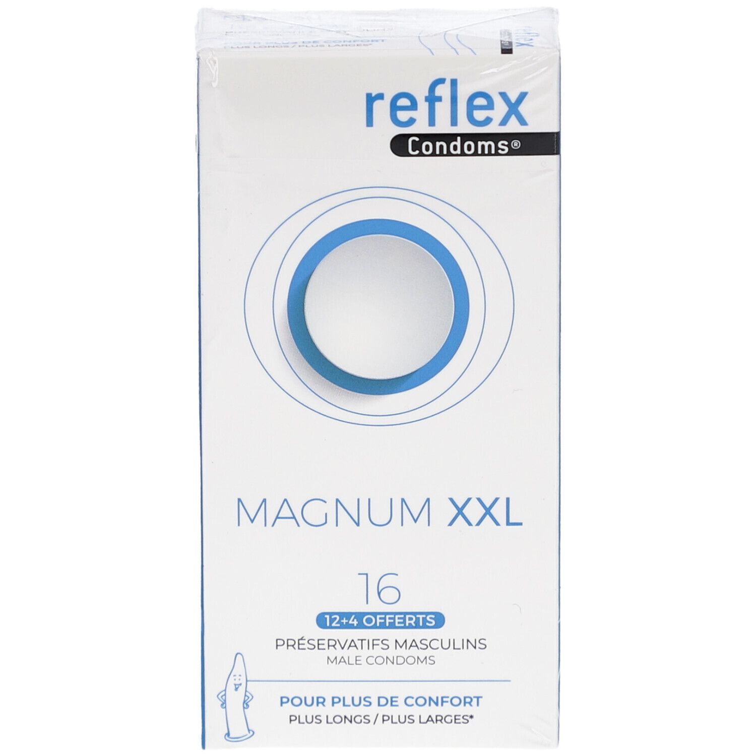 Vue de face de la boîte de préservatifs Reflex Magnum XXL. 16 unités. Nom et logo du produit.