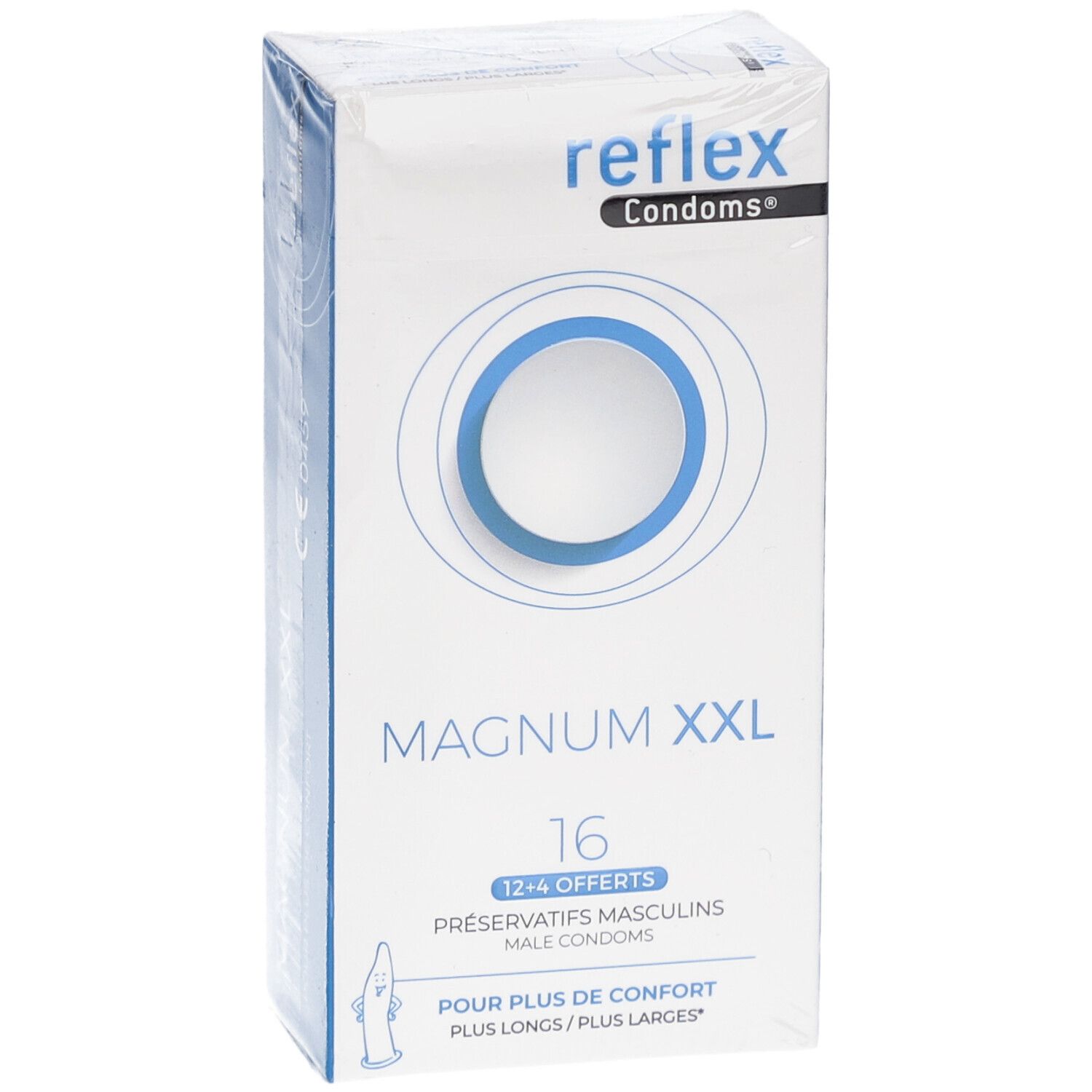Vue en biais de la boîte de préservatifs Reflex Magnum XXL. Nom et logo du produit sur l'emballage.