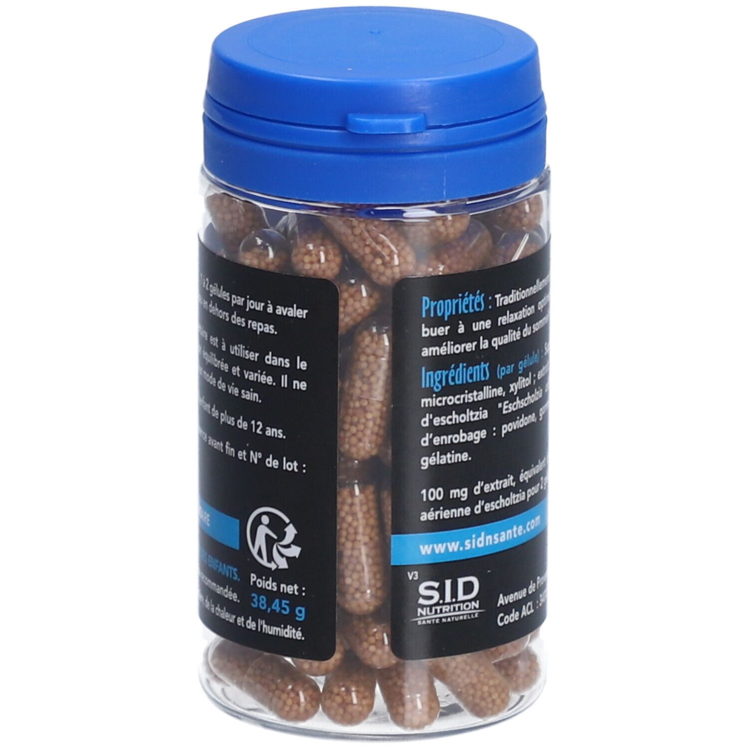 Flacon transparent, bouchon bleu. Dos avec informations produit. Texte: SID Nutrition, Escholtzia Stress Sommeil. Ingrédients.