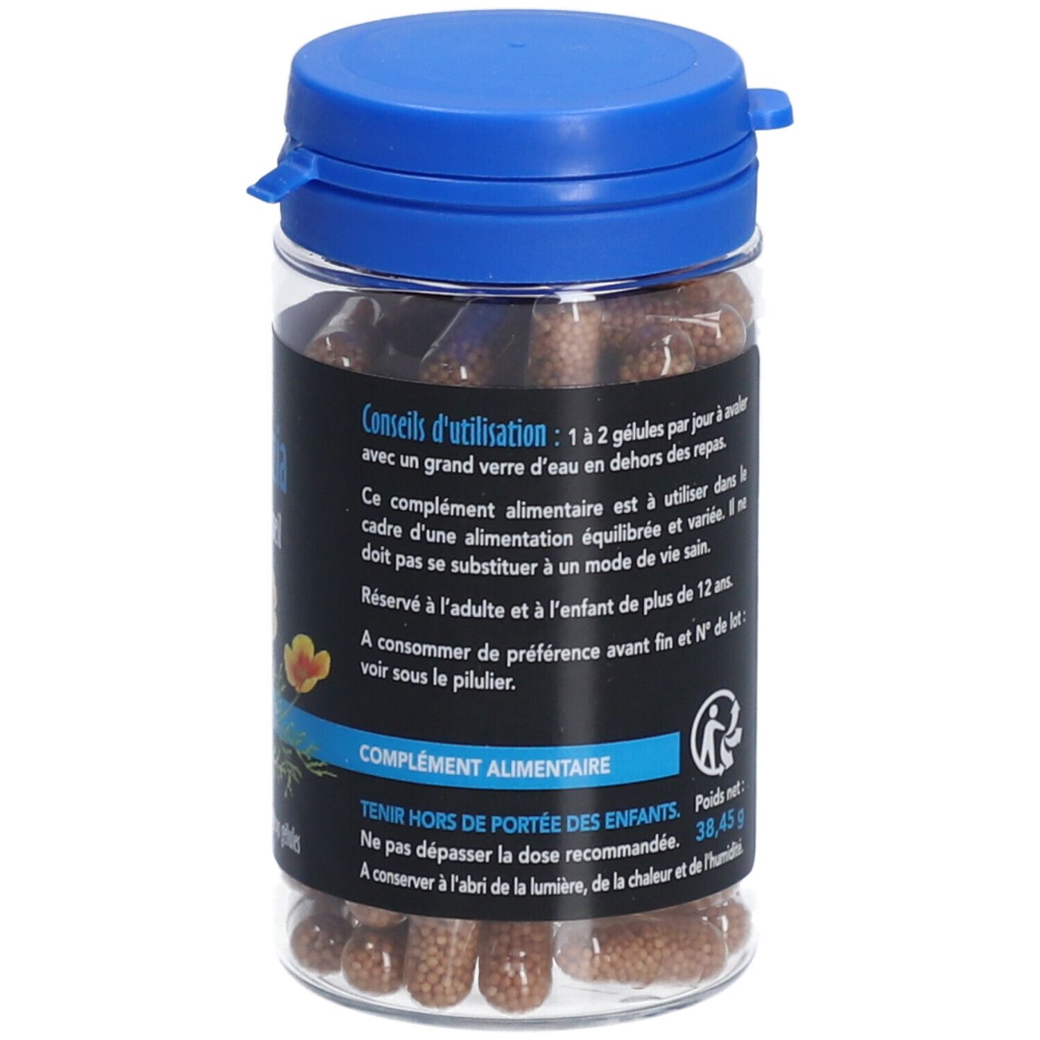 Flacon transparent, bouchon bleu. Dos avec conseils d'utilisation. Texte: SID Nutrition, Escholtzia Stress Sommeil. Posologie.