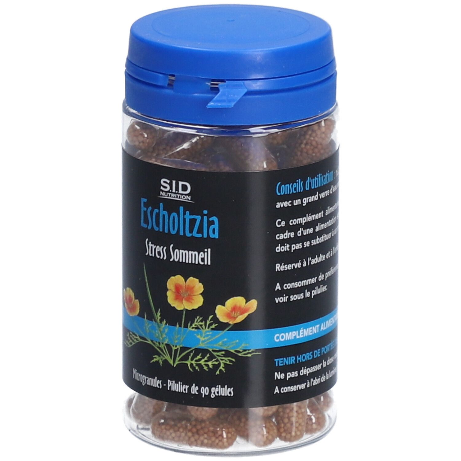 Flacon transparent, bouchon bleu. Étiquette: SID Nutrition Escholtzia Stress Sommeil. Illustration de fleurs jaunes. Gélules marron.