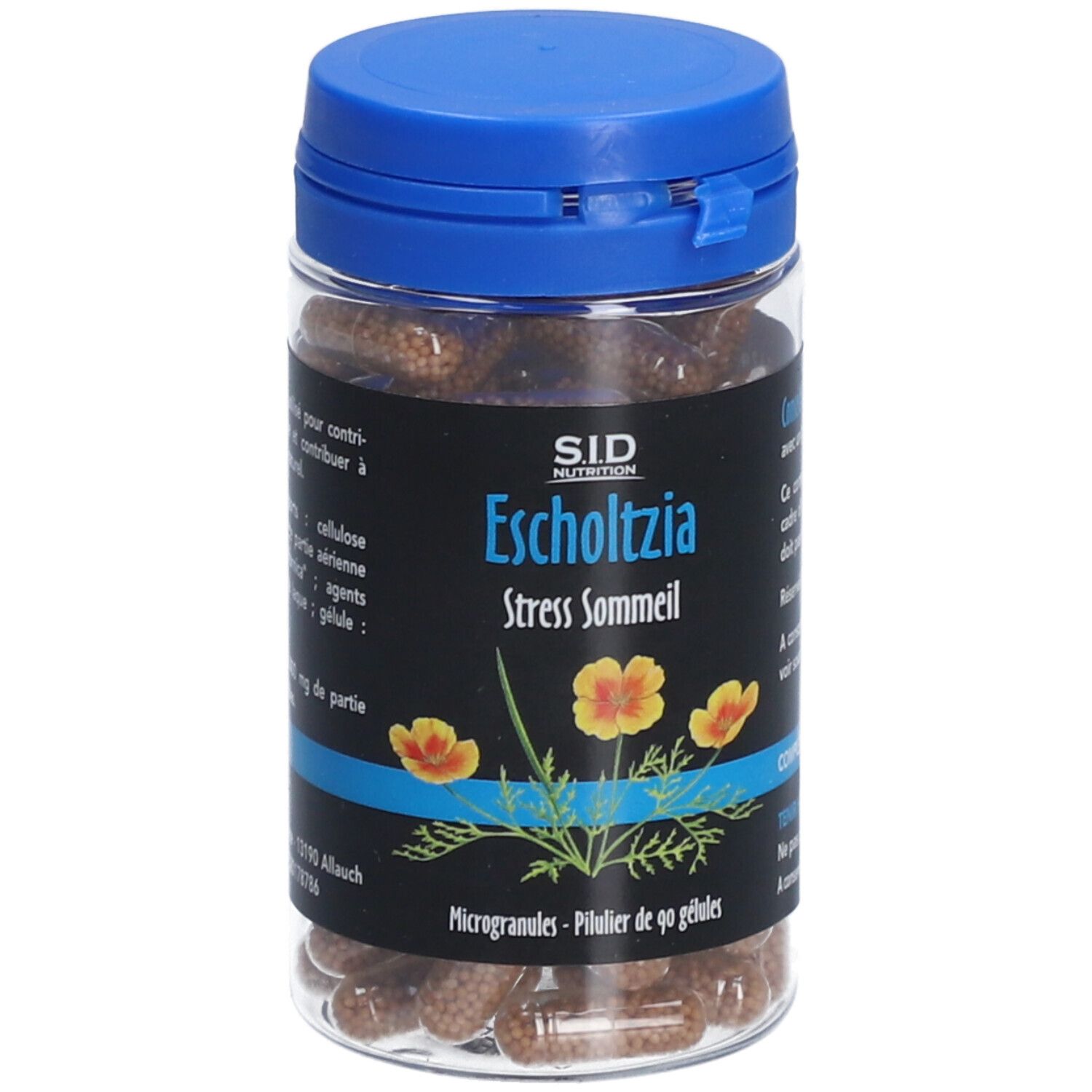Flacon transparent, bouchon bleu. Étiquette: SID Nutrition Escholtzia Stress Sommeil. Illustration de fleurs jaunes. Gélules marron.
