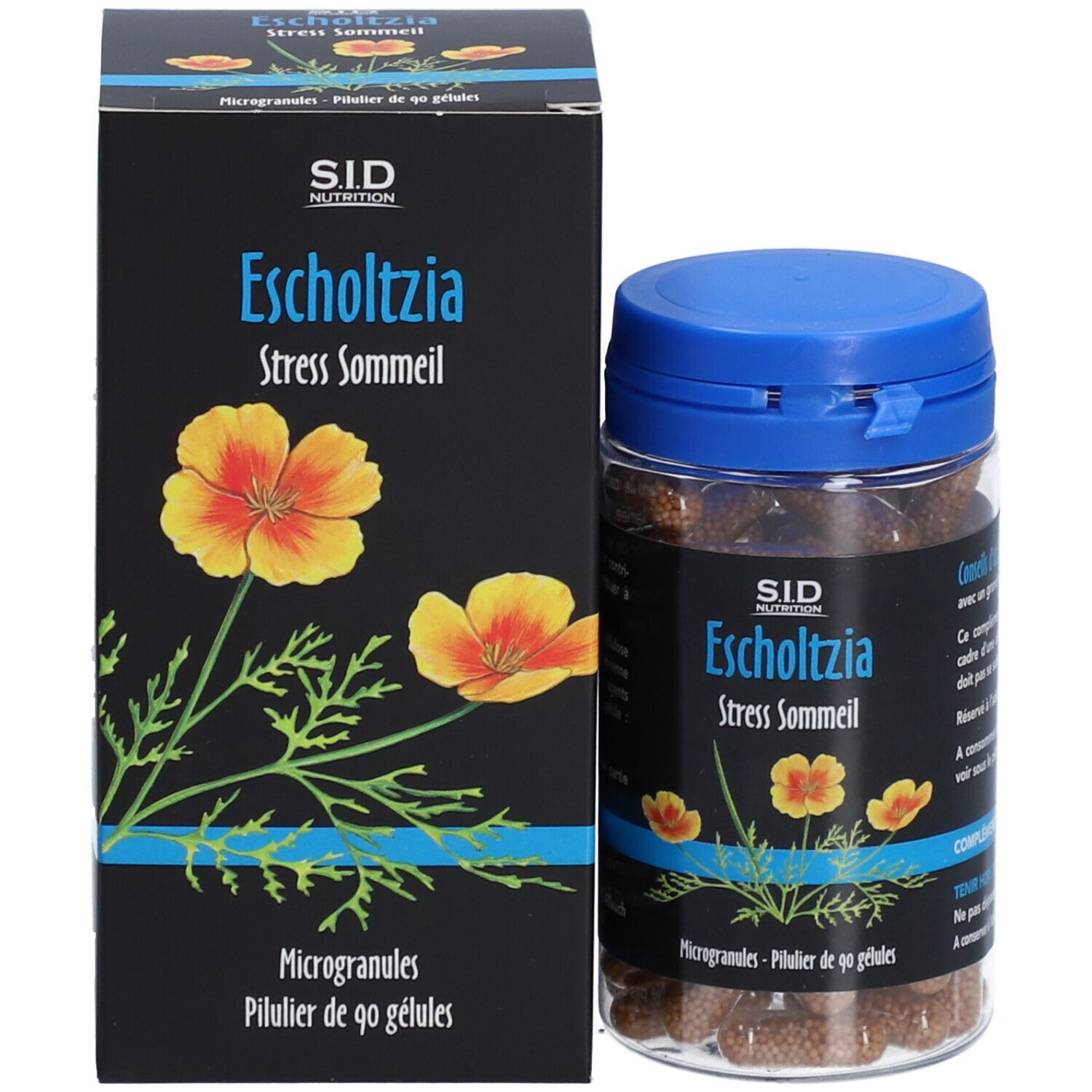 Emballage produit avec flacon et boîte. Boîte: SID Nutrition Escholtzia Stress Sommeil. Illustration de fleurs jaunes. Flacon avec gélules.