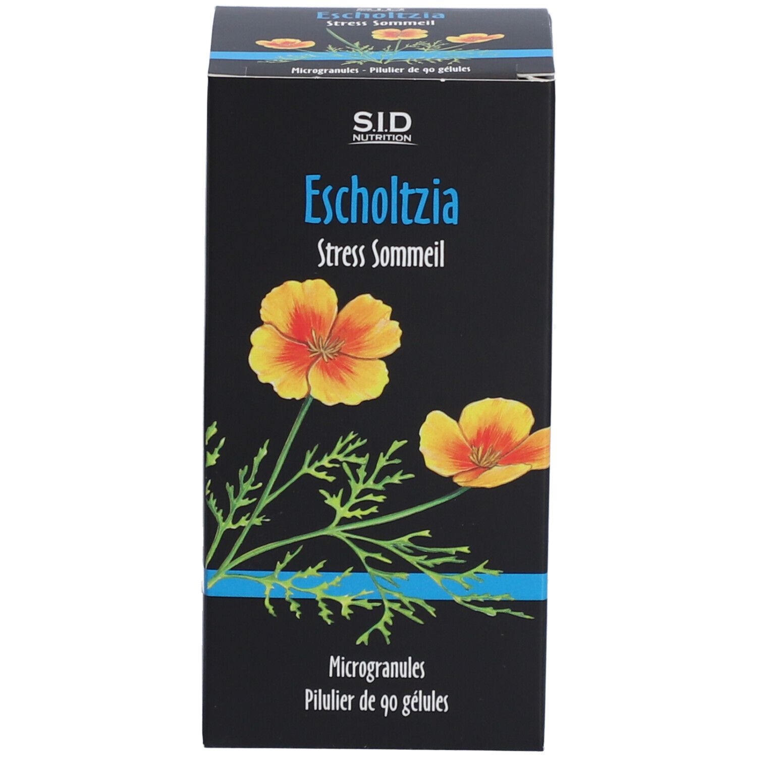 Boîte avec texte: SID Nutrition Escholtzia Stress Sommeil. Illustration de fleurs jaunes. Texte: Microgranules - Pilulier de 90 gélules.