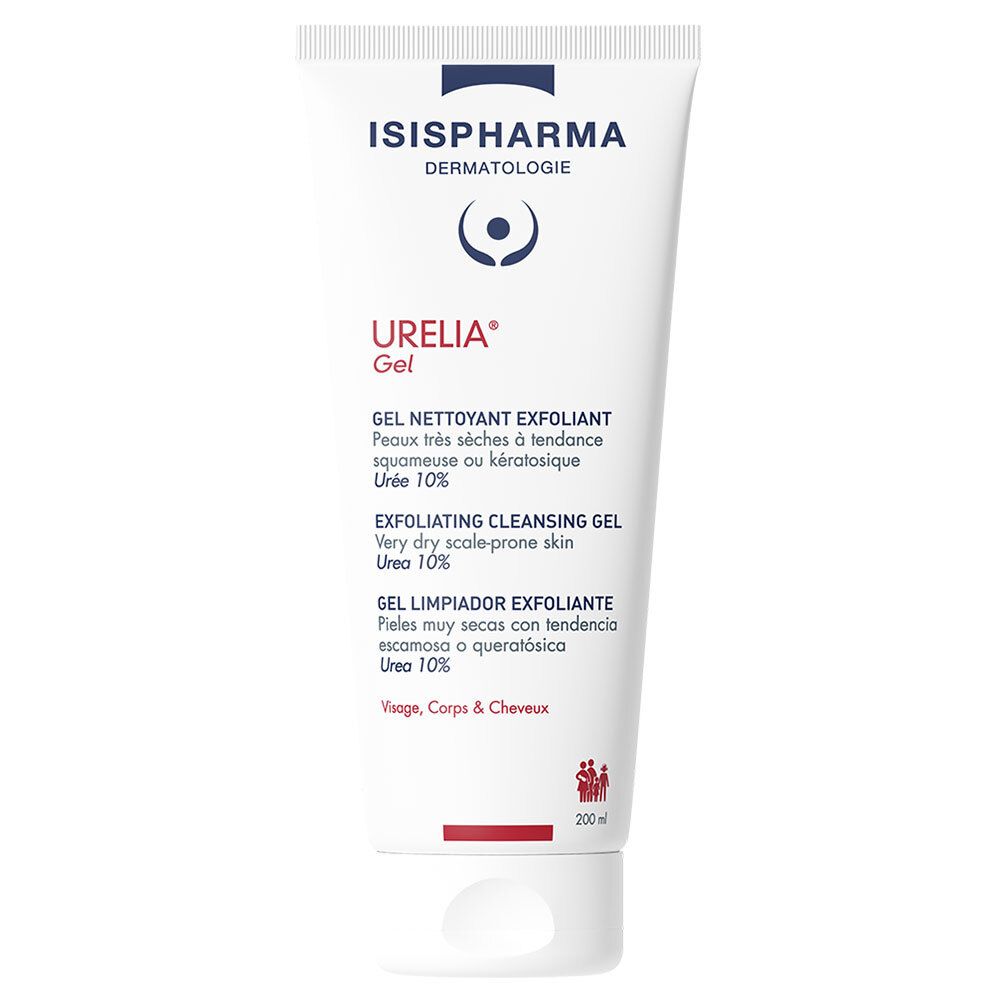 Tube blanc ISISPHARMA Urelia Gel. Texte multilingue, dont « Gel nettoyant exfoliant ». Contient 10% urée. Vue de face.