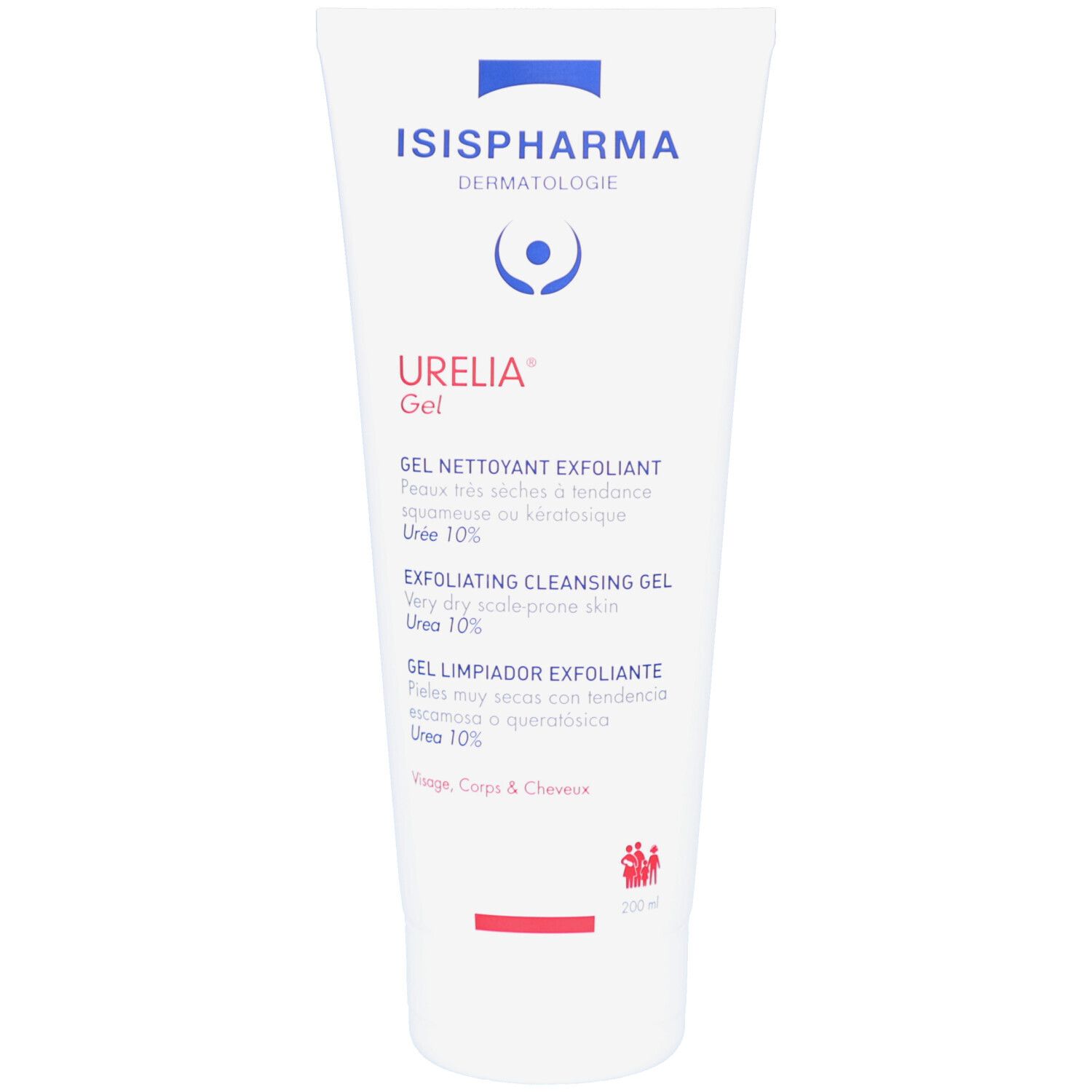 Tube blanc ISISPHARMA Urelia Gel. Texte multilingue, dont « Gel nettoyant exfoliant » et 10% urée. Vue de face.
