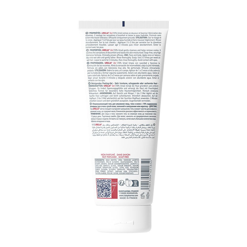 Dos d'un tube blanc ISISPHARMA Urelia Gel. Texte multilingue, code QR et code-barres. Fabriqué en France.