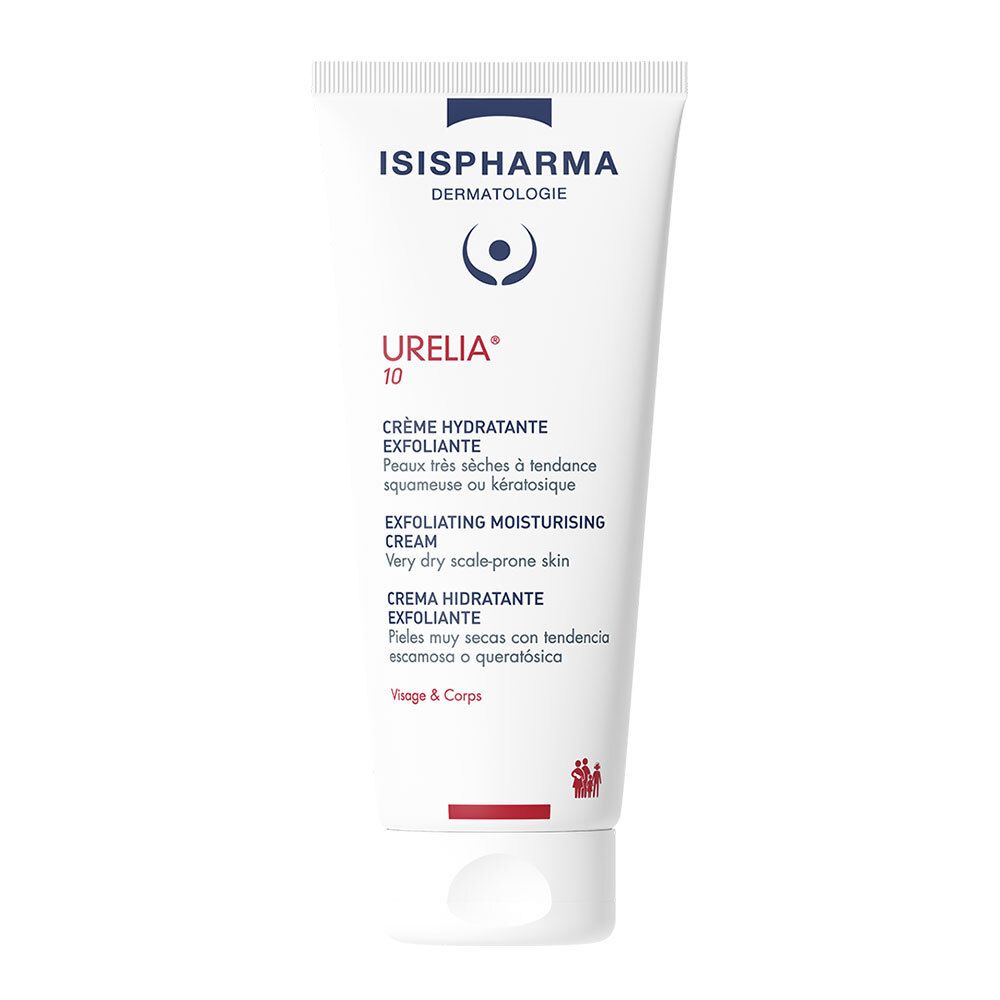 Tube blanc avec inscriptions bleues et rouges. Contient de la crème. Inscriptions: Urelia 10, crème hydratante exfoliante.